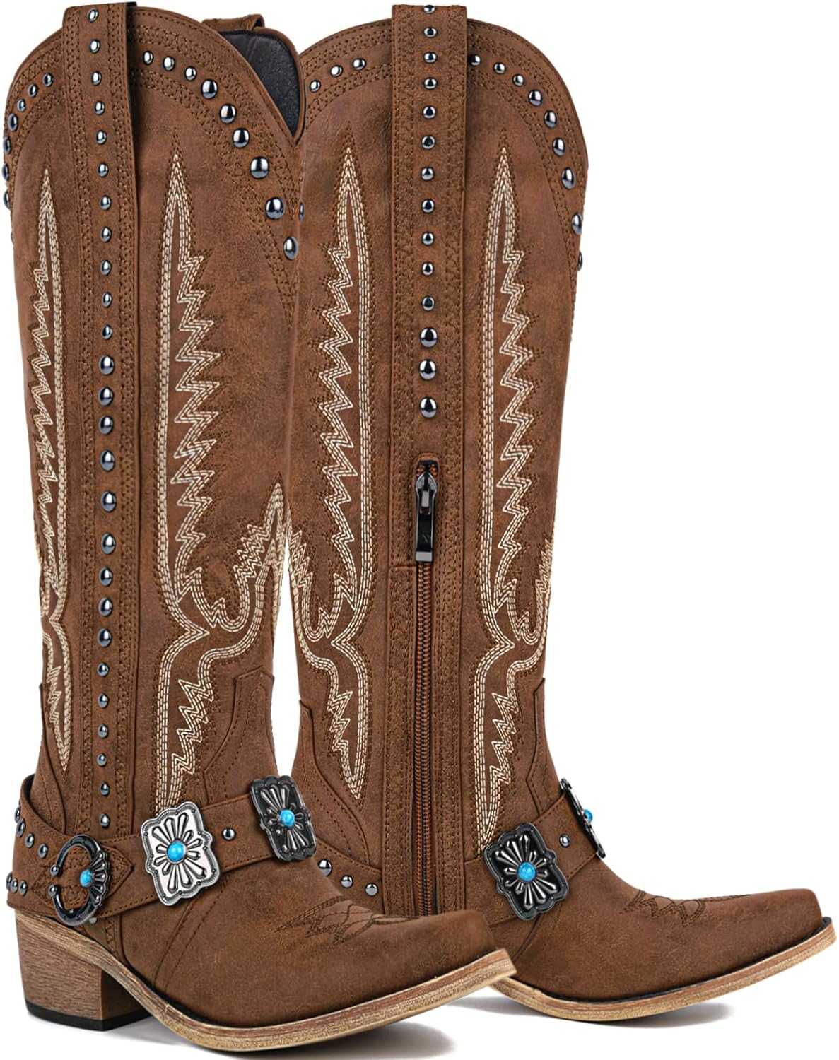 Yolkomo Cowboy Boots for Women Knee High Western Cowgirl Boots with Embroidery Belt Buckle Chains