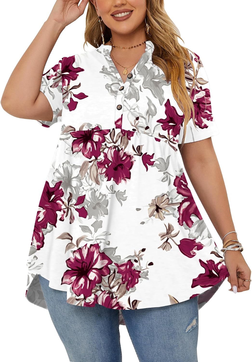 PLOKNRD Women's Plus Size Tops Short Sleeve Henley V Neck Button Up Flowy T Shirts Tunic Loose Blouses