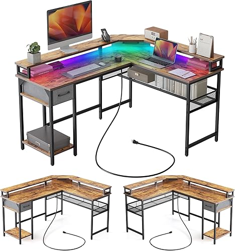 CubiCubi Escritorio para juegos en forma de L con luces LED y tomas de corriente, escritorio esquinero reversible de 58 pulgadas con estantes de