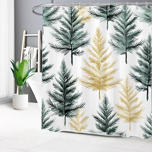Miniatura 3 de Cortina de ducha de pino verde y dorado para baño, cortina de ducha moderna abstracta de árboles de Navidad sobre blanco con 12 ganchos, cortinas
