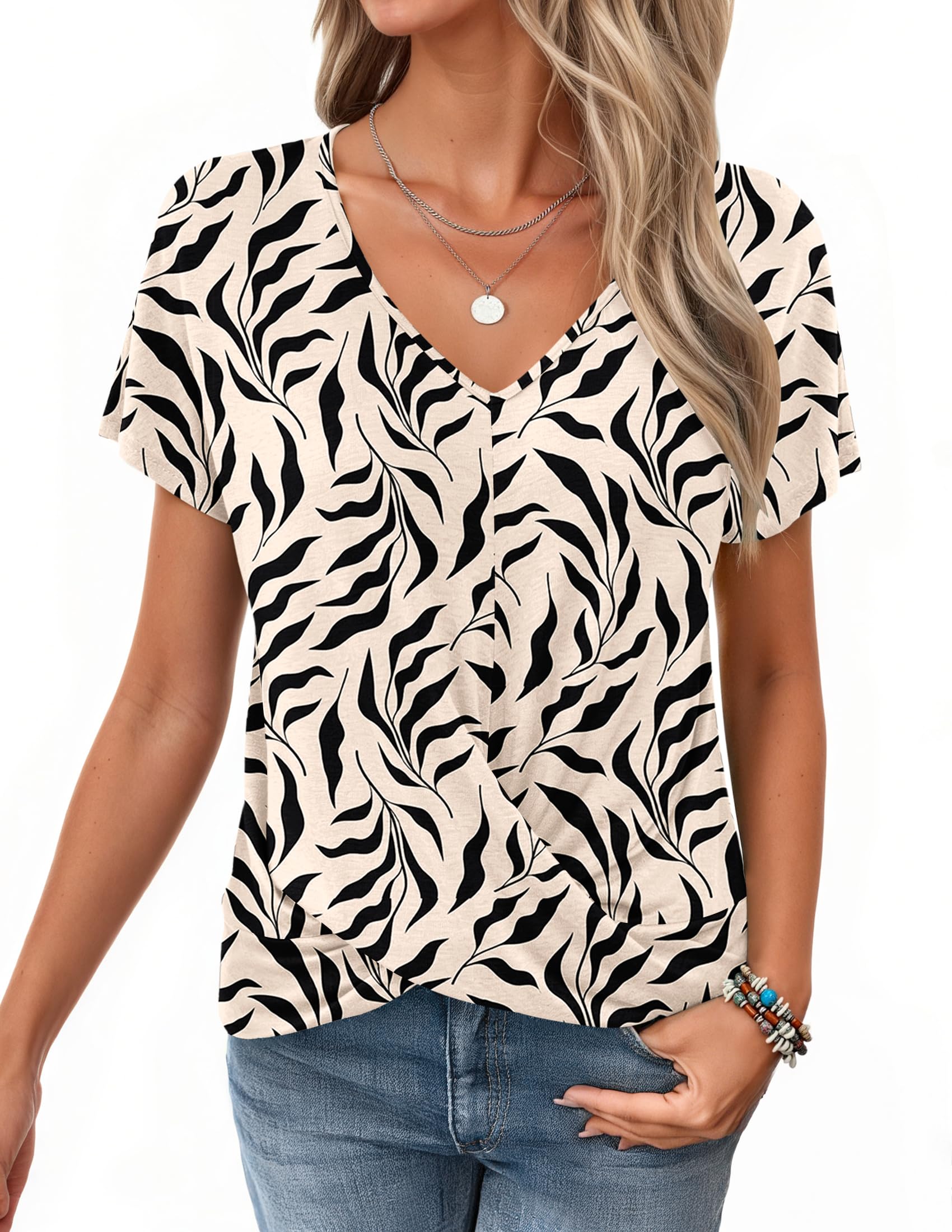 WNEEDU Tshirt Damen Sommer-V Ausschnitt Kurzarm T-Shirt Damen Elegant Twist Front Oberteile Bluse Basic Top lässige
