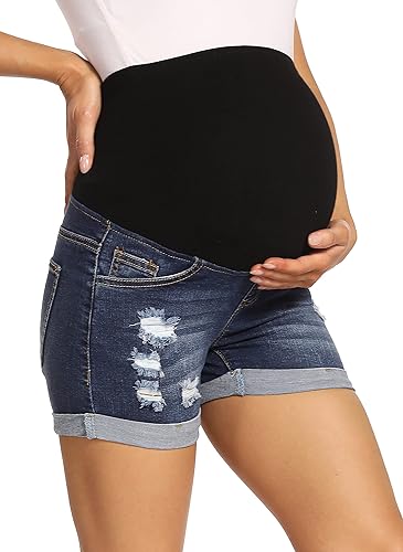 Miniatura 2 de Foucome Pantalones cortos de mezclilla de maternidad sobre el bulto rasgados desgastados dobladillo doblado azul pantalones cortos cómodos de verano