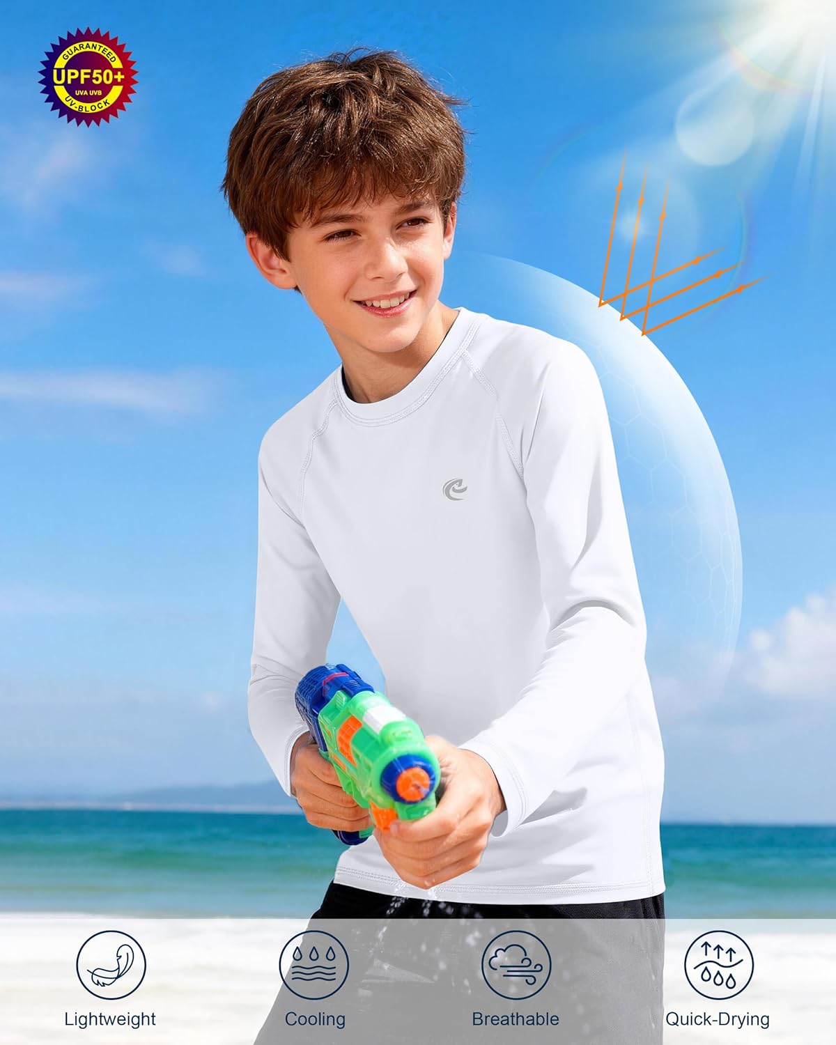Boys UPF 50+ Swim Shirt Long Sleeve, 1 or 2 Pack UV Sun Protection Rash Guard, Youth Kids SPF Water Shirts for Beach Surf - Image 5