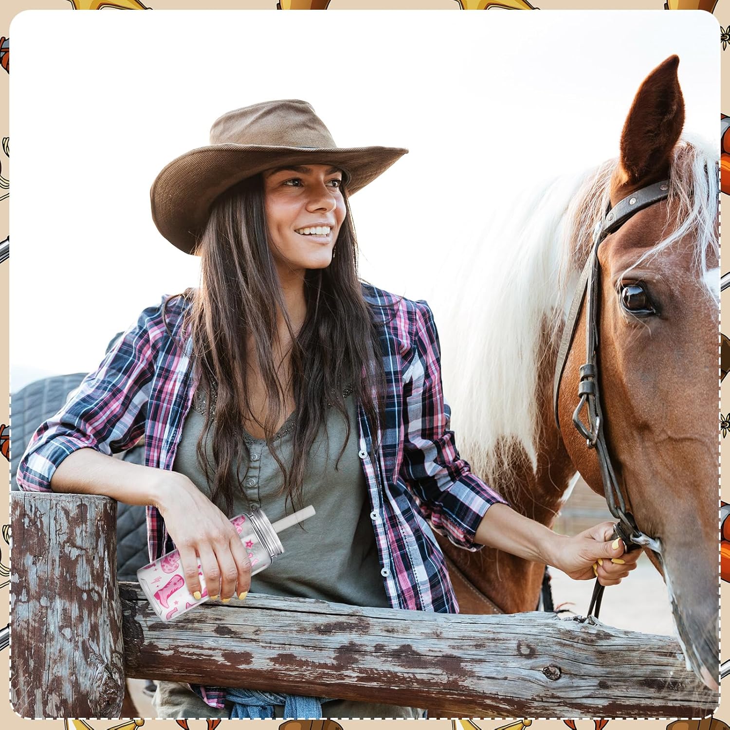 Qinyoung 24 Pcs Western Cowgirl Cowboy Plastic Tumbler 14.2 oz Cowgirl Party Favors Reusable Cups with Lids and Straws Decoration Iced Coffee Cup My First Rodeo Decorations(Classic Style,Multicolor)