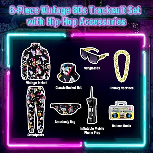 Miniatura 2 de Traje retro de los años 80 y 90 para hombre, 8 piezas, disfraz vintage de Halloween de los 80 para hombre, conjunto deportivo con accesorios de