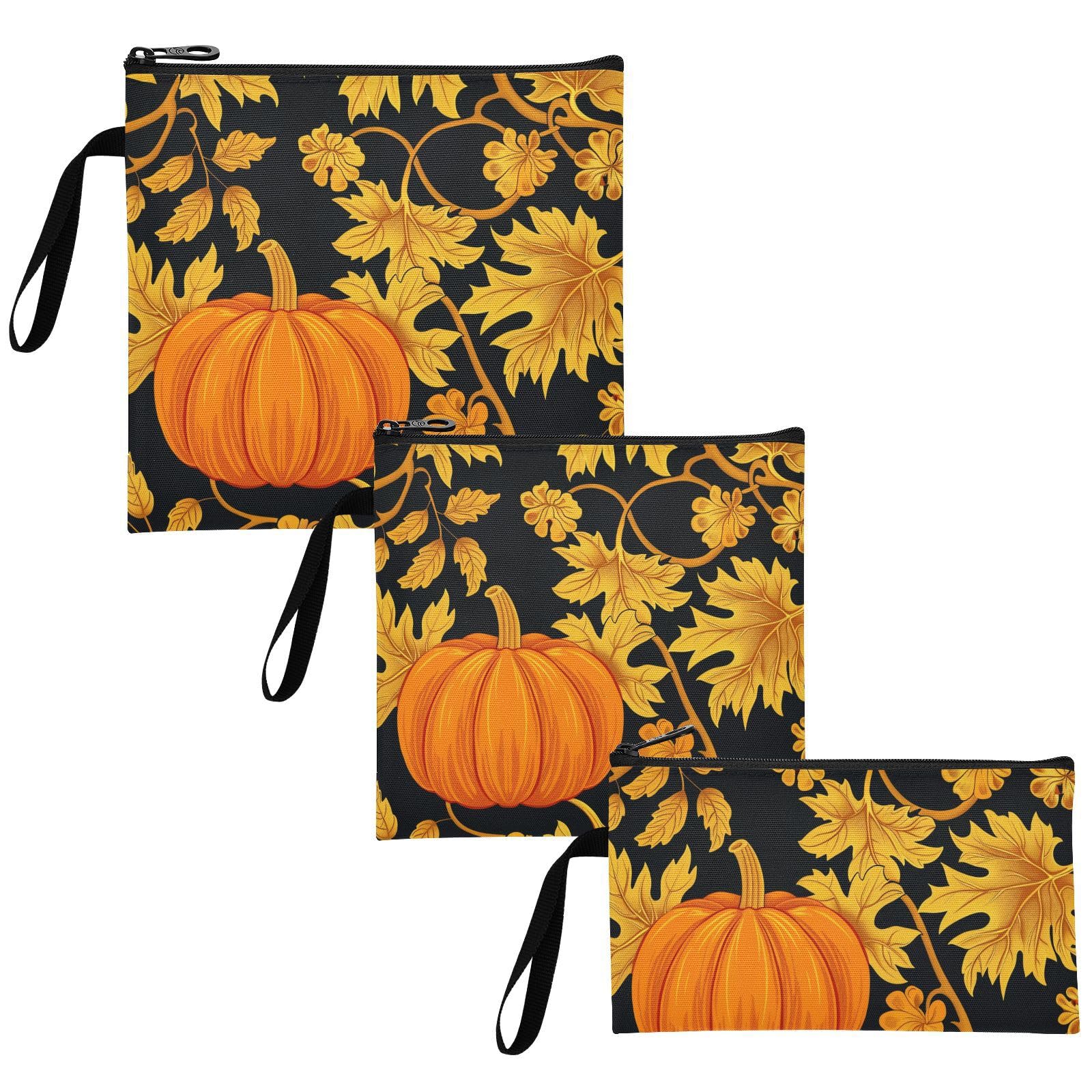 Autumn Pumpkin Gold Black 3-Pack Reusable Travel Snack Bags Portable Food Storage Bags for Camp Friends and Gear
