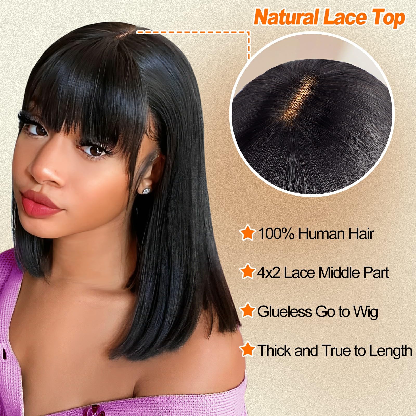 Human Hair Bob Wig with Bangs 16 Inch Glueless 150% Density Acantam 150% Density Kinky Curly Wig with Bangs - Grade 10A  main image 4