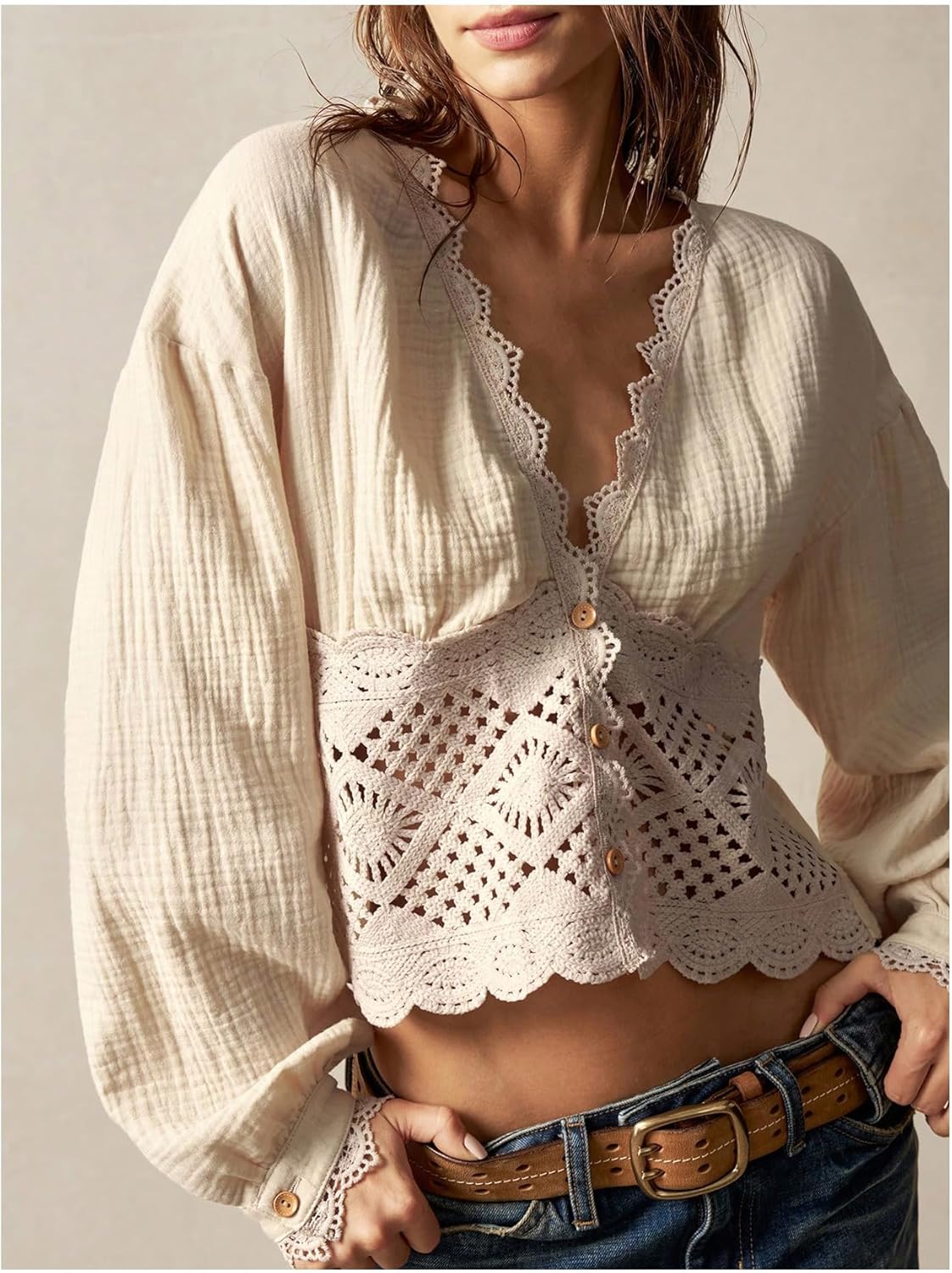 SHENHE Women's Deep V Neck Button Up Crochet Patchwork Long Sleeve Vintage Crop Blouse Top - Image 2