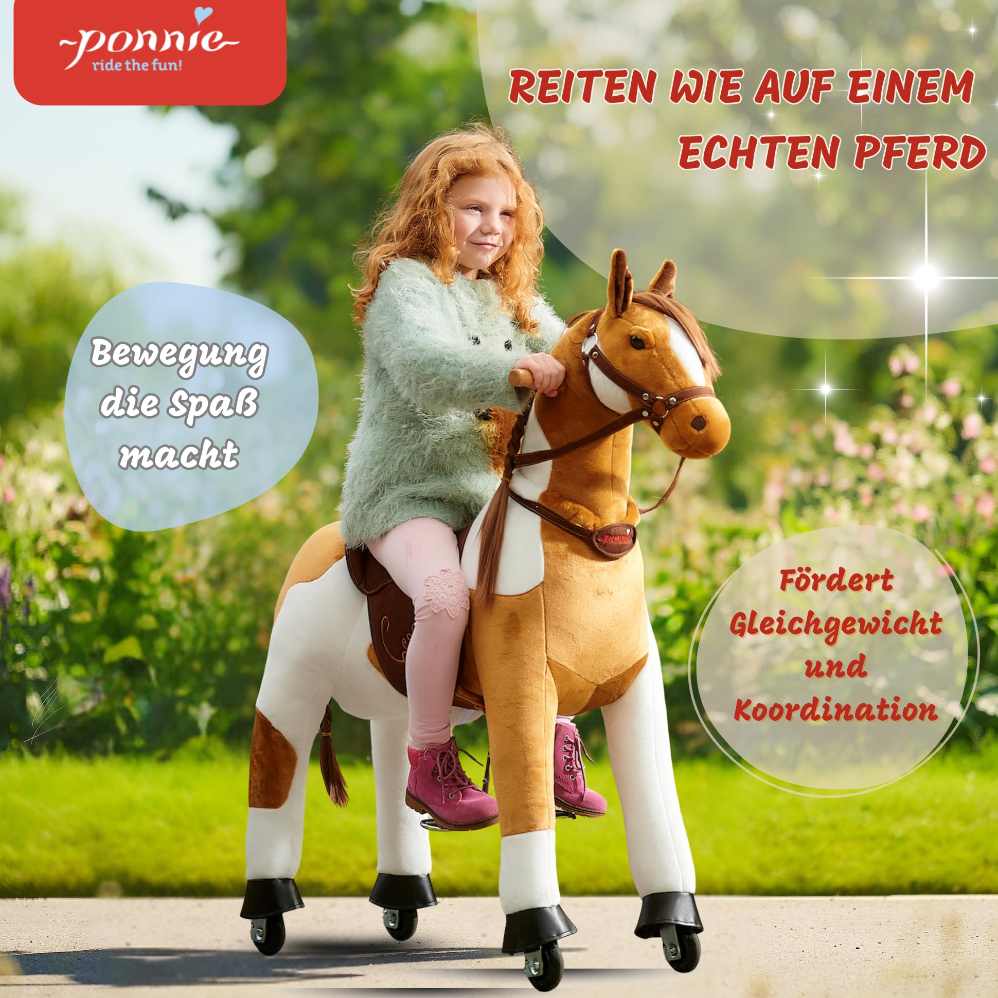 PONNIE Cavallo Giocattolo Misty M con Ruote per Bambini 5-12 Anni (50 kg) – Cavallo Cavalcabile Senza Batterie – Altezza 107 cm – Sella Rimovibile – Criniera e Coda Pettinabili