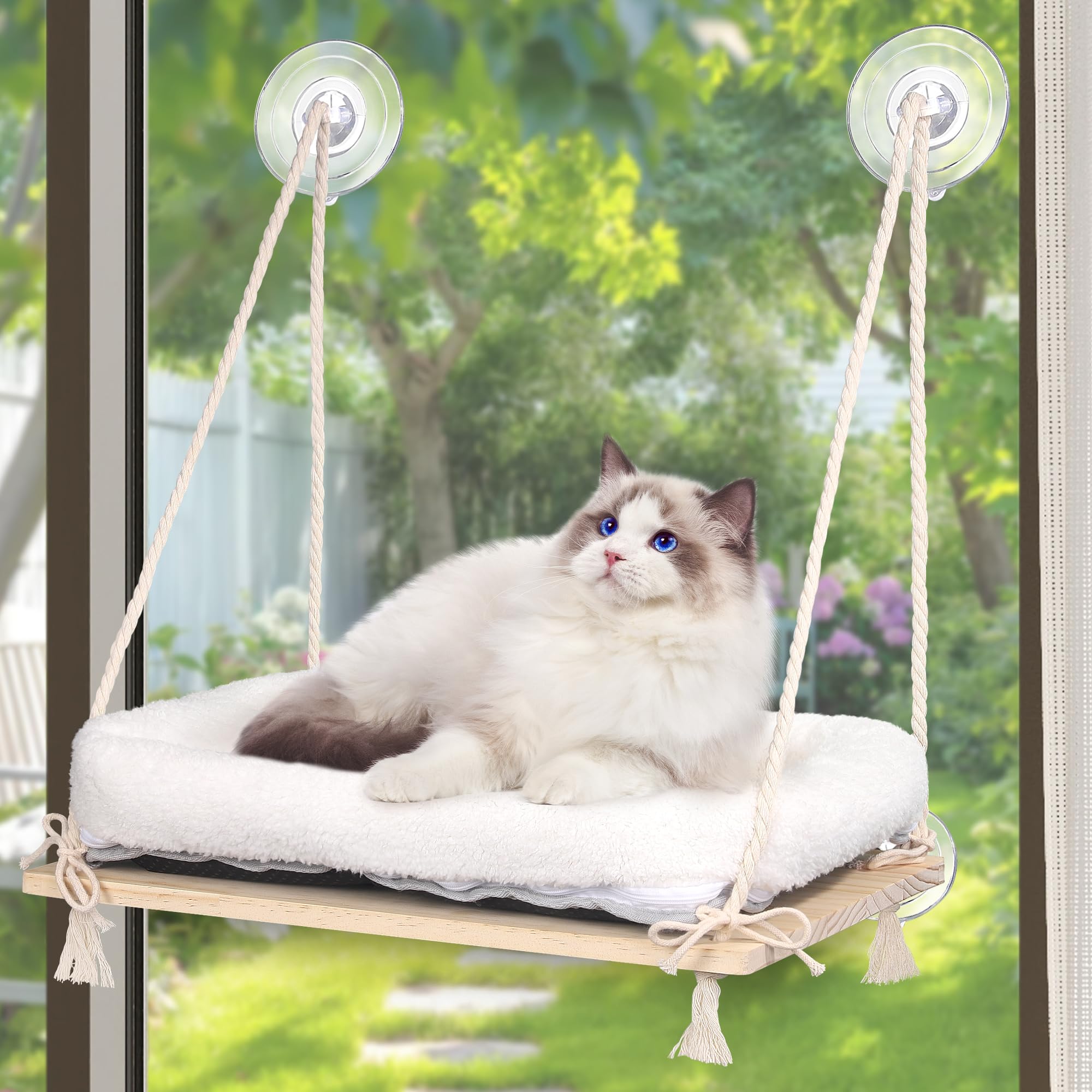 MCEAST Cat Window Perch with Cushion Bed Fluffy Blanket 4 Strong Suction Cups Hanging Window Shelf Easy to Install Solid Window Hammock for Small