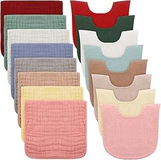 16 Pack Baby Muslin Burp Cloths and Bibs Sets, Unisex Cotton Muslin Cloths Large 20'' x 10'' Extra Soft and Absorbent Cotton Burp Rags Muslin Baby Bibs for Girl Boy Drooling, Multicolor