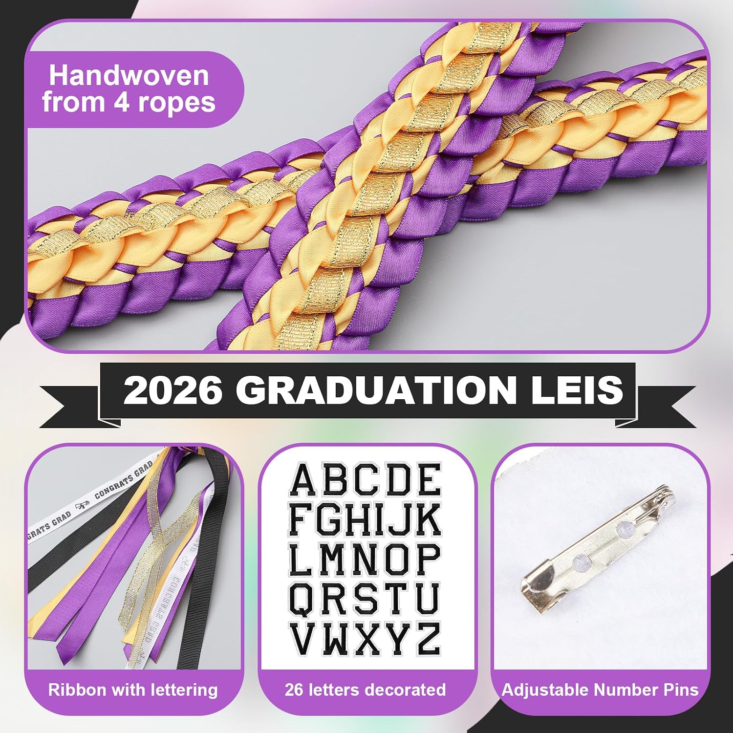 Juexica Graduation Lei Class of 2026, Graduation Ribbon Money Lei Personalized DIY Name Braided Necklace for Women Men Congrat Grad Party Gift Accessories(Yellow Purple,1 Set)