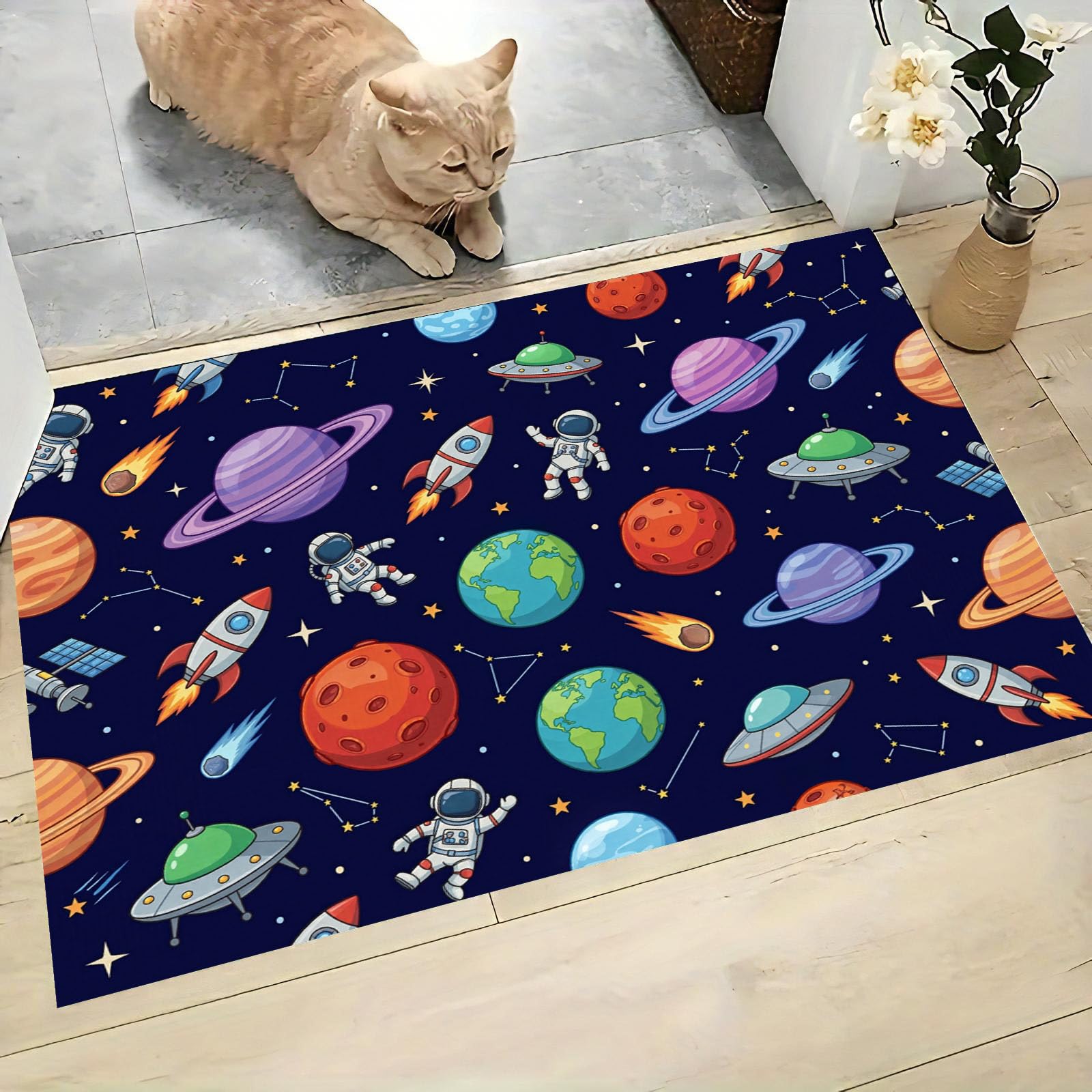 Felpudo Entrada Casa Constelación Planeta Astronauta 80x120cm, Alfombra Interior de Bienvenida Tema Espacial Dibujos Animados Antideslizante, Felpudo de Entrada Alfombrilla para Puertas, Pasillo