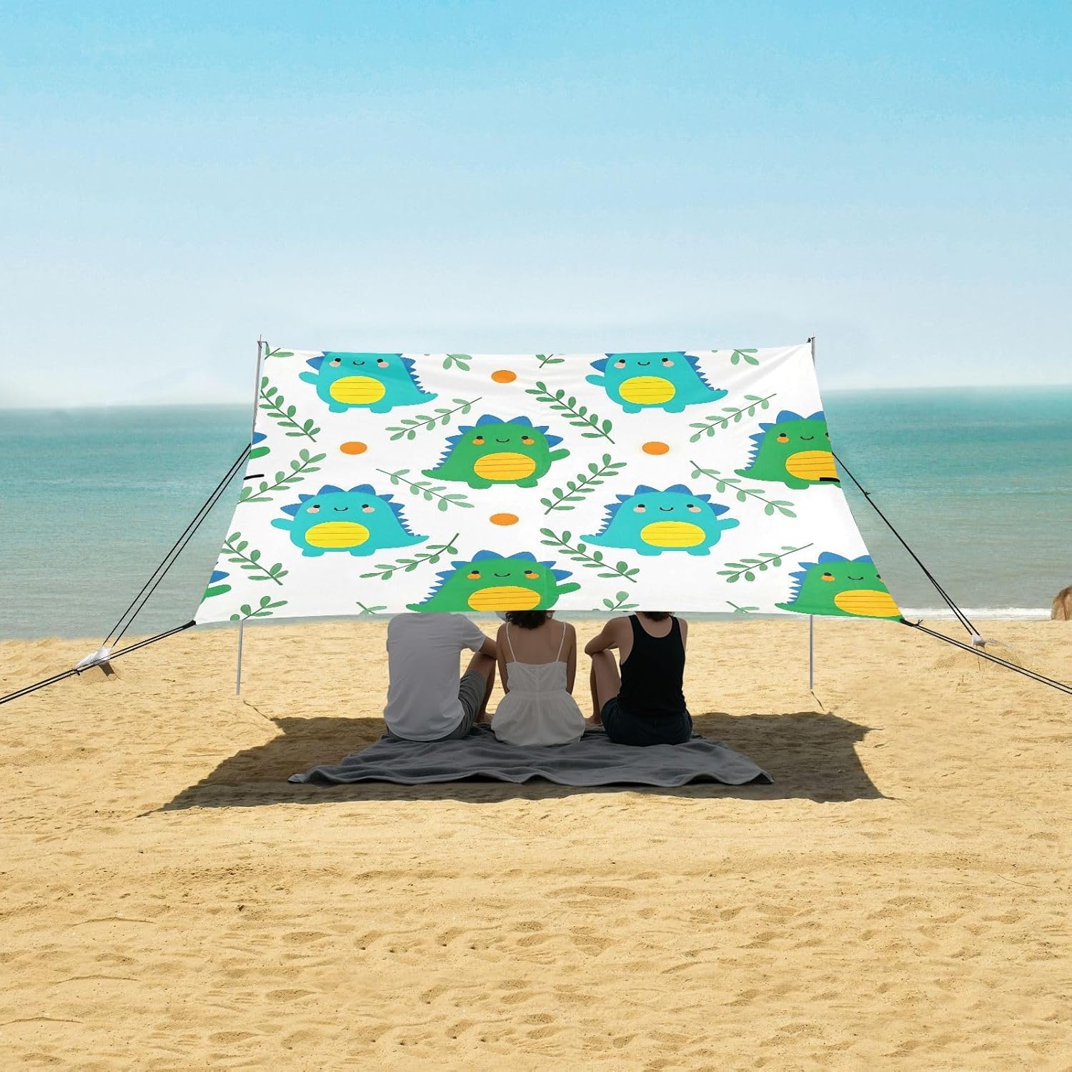 ALAZA Cute Dinosaurs Dino Cartoon Beach Tent Sun Shelter UPF50+ Protection Beach Shade Canopy w/ 4 Sandbags for Outdoor Camping, Fishing, Backyard Fun, Picnic, 10x9 ft