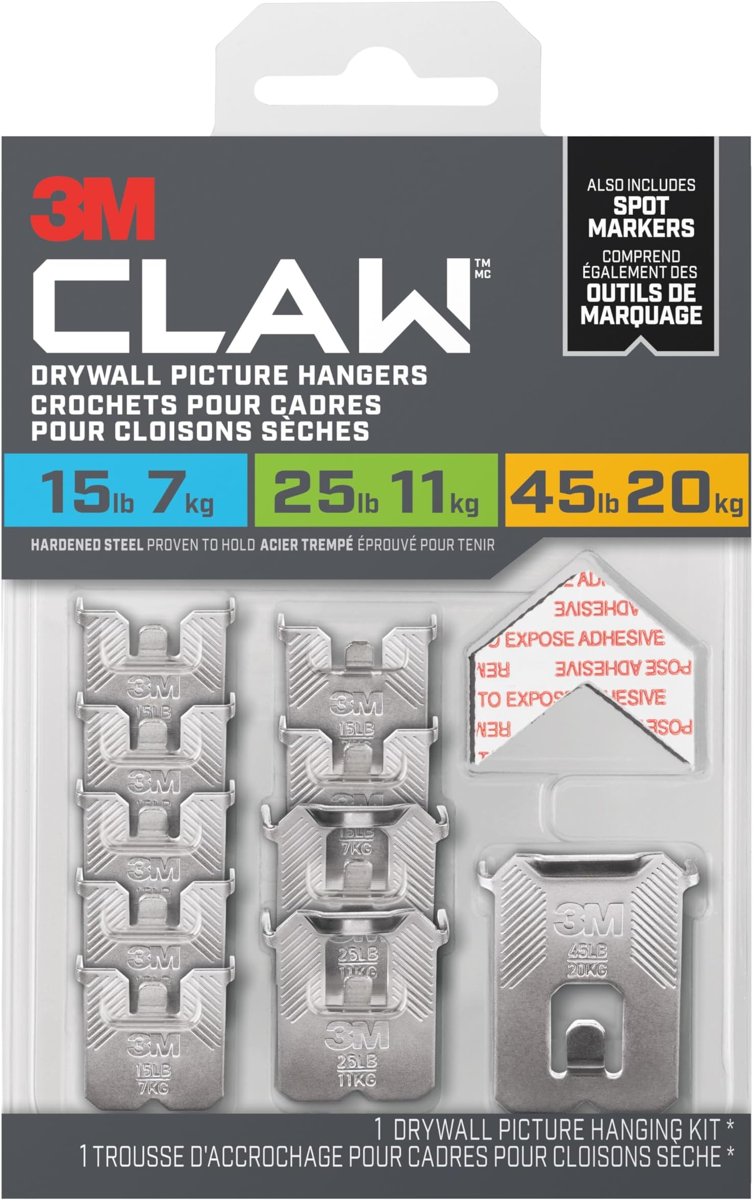 Metal Heavyweight Drywall Picture Hanger with Spot Markers - Variety Pack, Self-Adhesive, Holds up to 45 lbs
