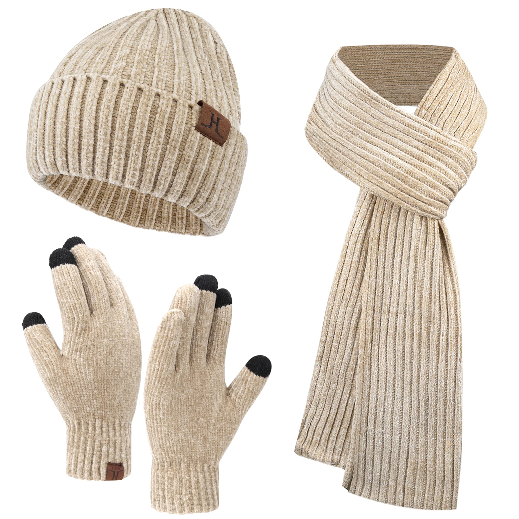 Womens Winter Knit Warm Hat Beanie+Long Scarf+Touch Screen Gloves Set Skull Caps Neck Scarves for Women Men