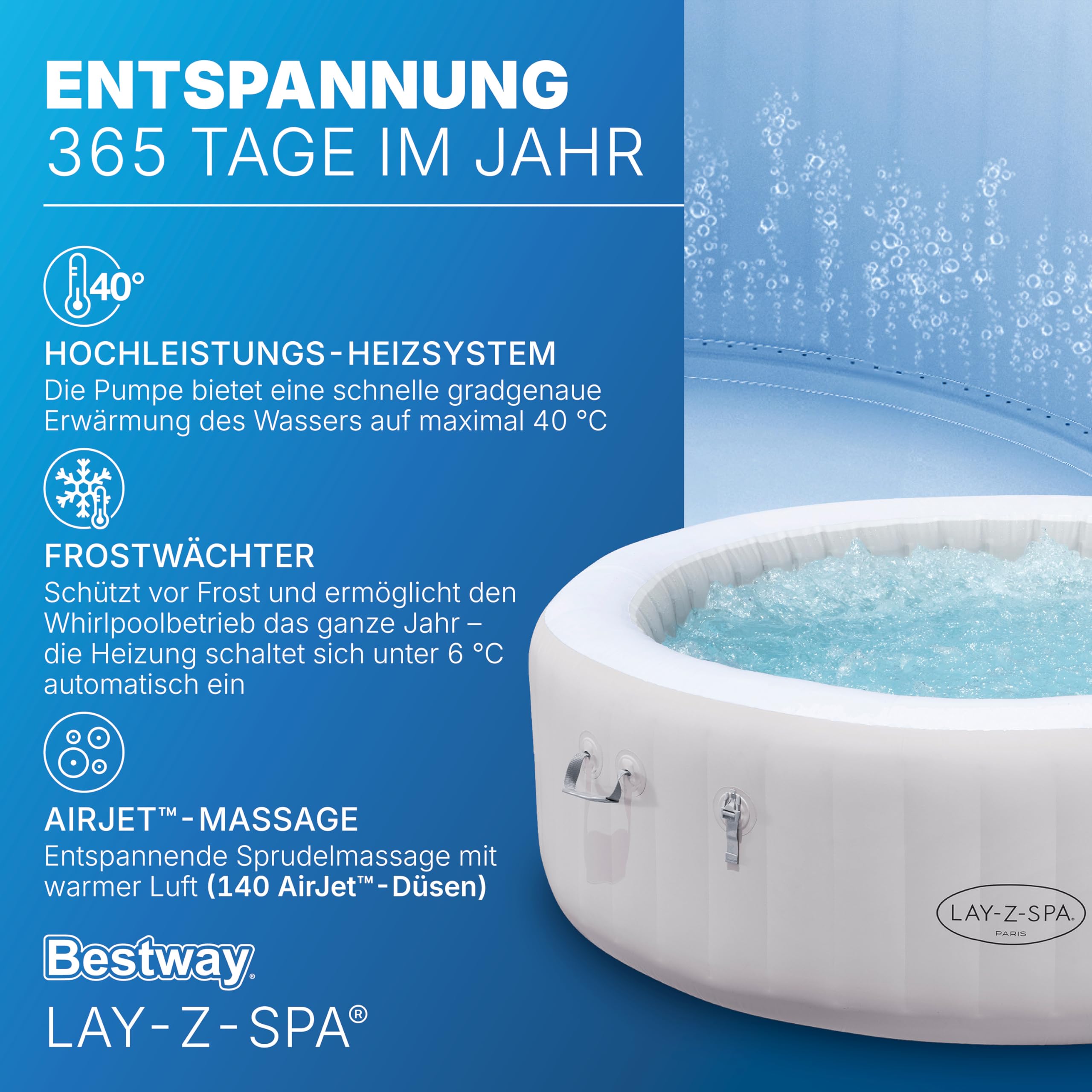 Bestway Lay-Z-SPA Paris AirJet LED-Whirlpool Ø 196 x 66 cm – Aufblasbarer Spa für 6 Personen mit 140 Düsen, beheizbar bis 40°C, stimmungsvolle LED-Beleuchtung für den Garten
