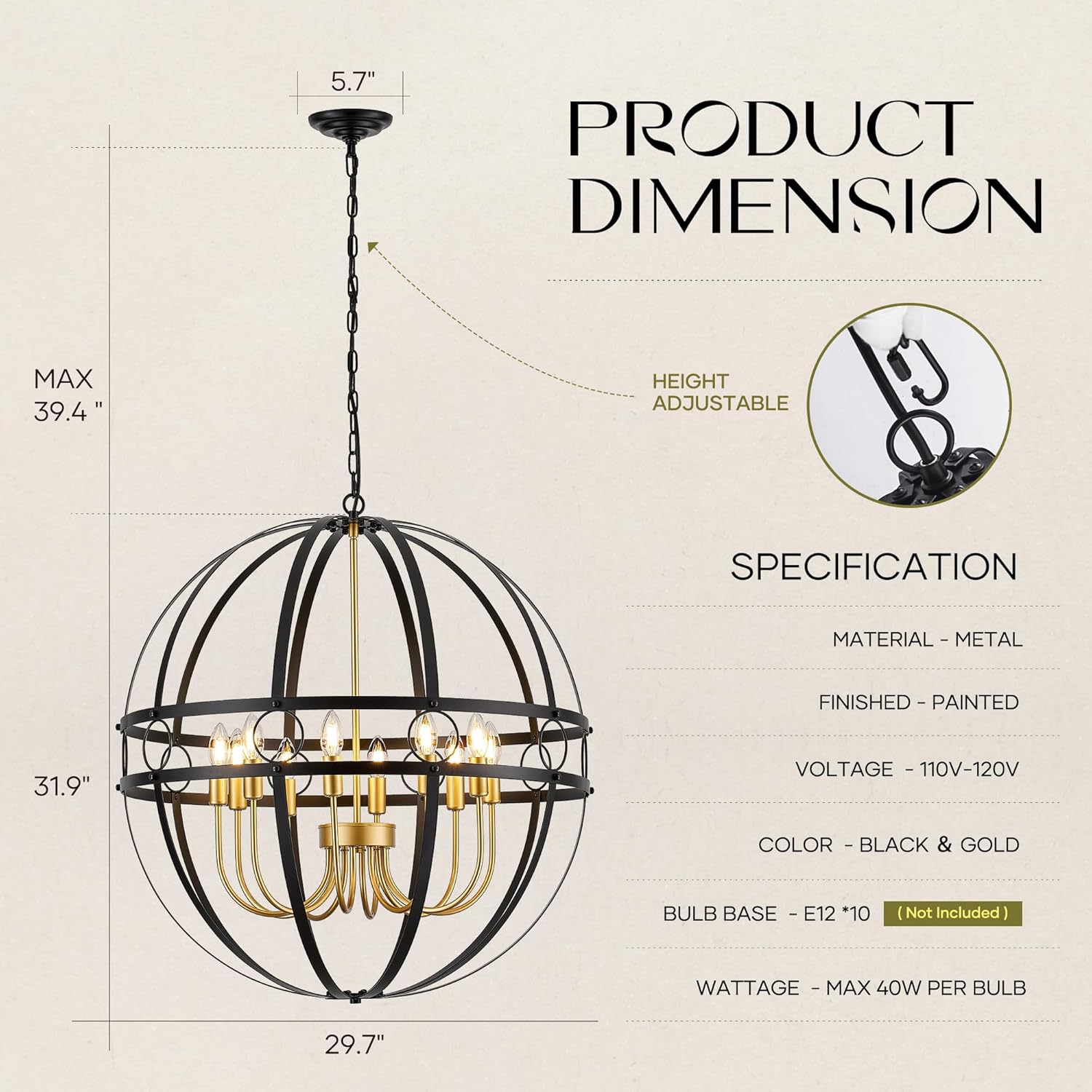 Modern Black and Gold Chandelier for Dining Room 29.7“ Industrial Vintage Globe Chandelier 10-Light for Foyer Farmhouse Rustic Pendant Ceiling Light Fixture for Living Room Entryway Stairway