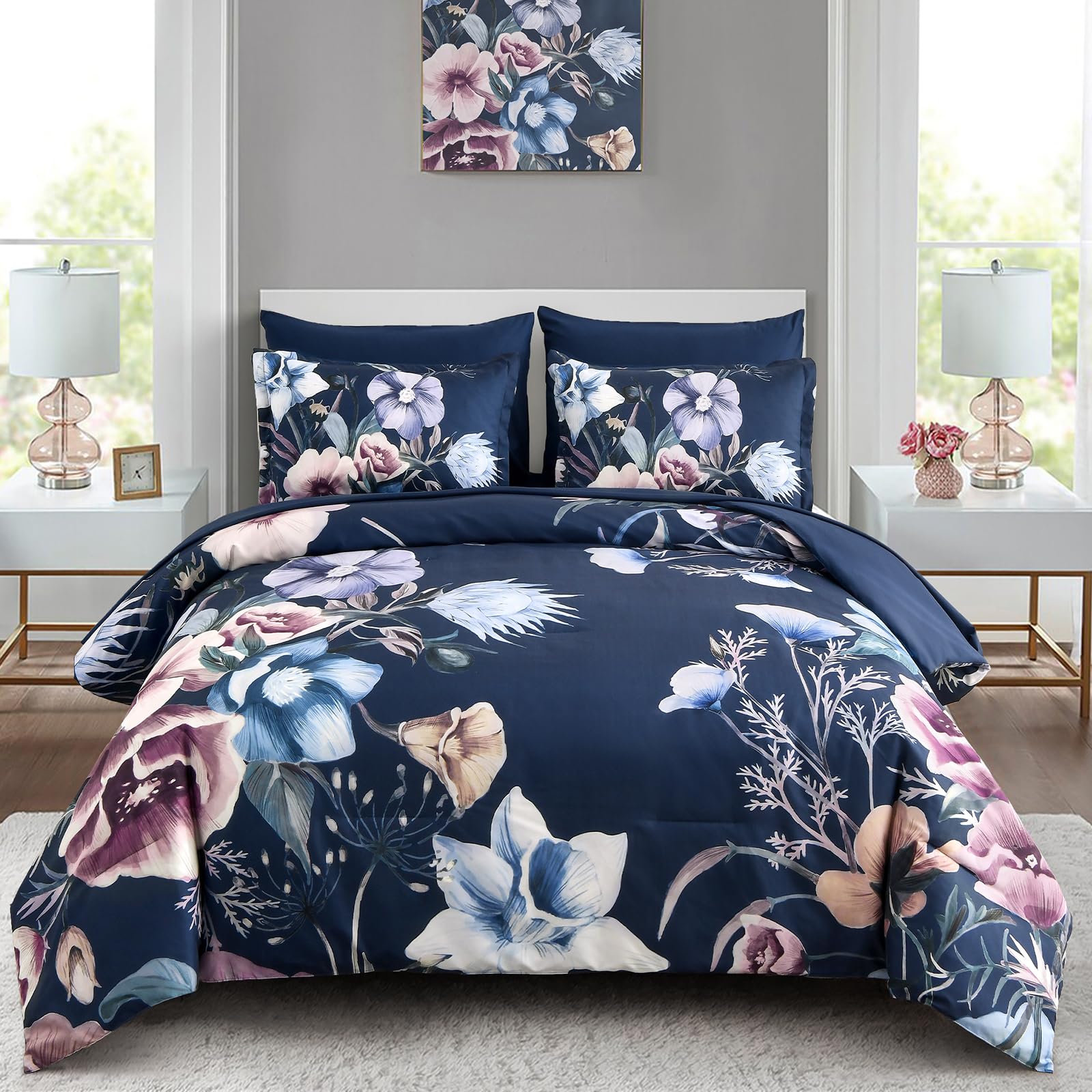 Luxudecor Floral Comforter Set Queen Size 7 Piece, Navy Flower Bed in a Bag, Elegant Floral Comforter with Sheet Set, Soft Microfiber Bedding Set for All Season (Navy, 90x90