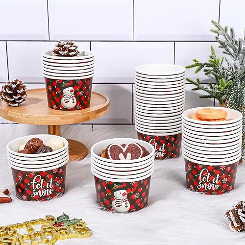 Miniatura 5 de Whaline 50 tazas de aperitivos de Navidad desechables a cuadros negros y rojos, cuencos de papel de helado de 9 onzas, copos de nieve de Navidad,