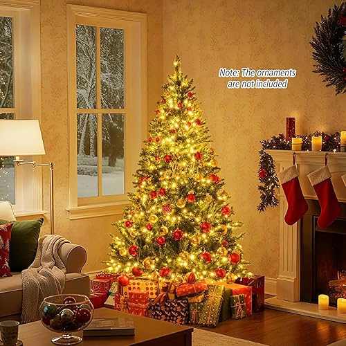 Miniatura 173 de Goplus - Árbol de Navidad artificial preiluminado de 9 pies, pino nevado articulado de PVC de alta calidad con base metálica y luces LED, decoración