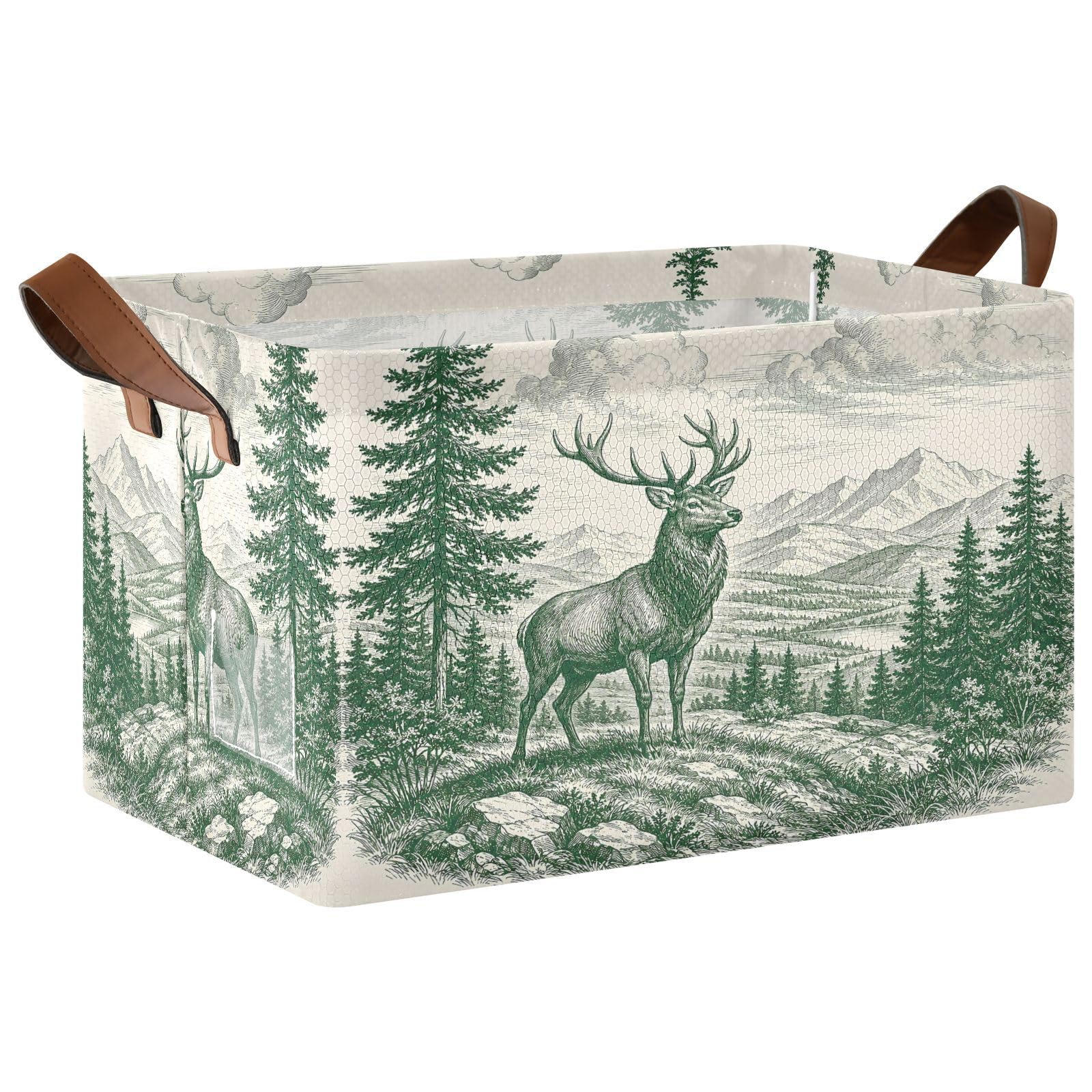 Ewusp Deer Tree Storage Basket with Handles Waterproof Collapsible Storage Bin Closet Organiser Dog Toy Basket for Bedroom Nursery Office Home Organizing