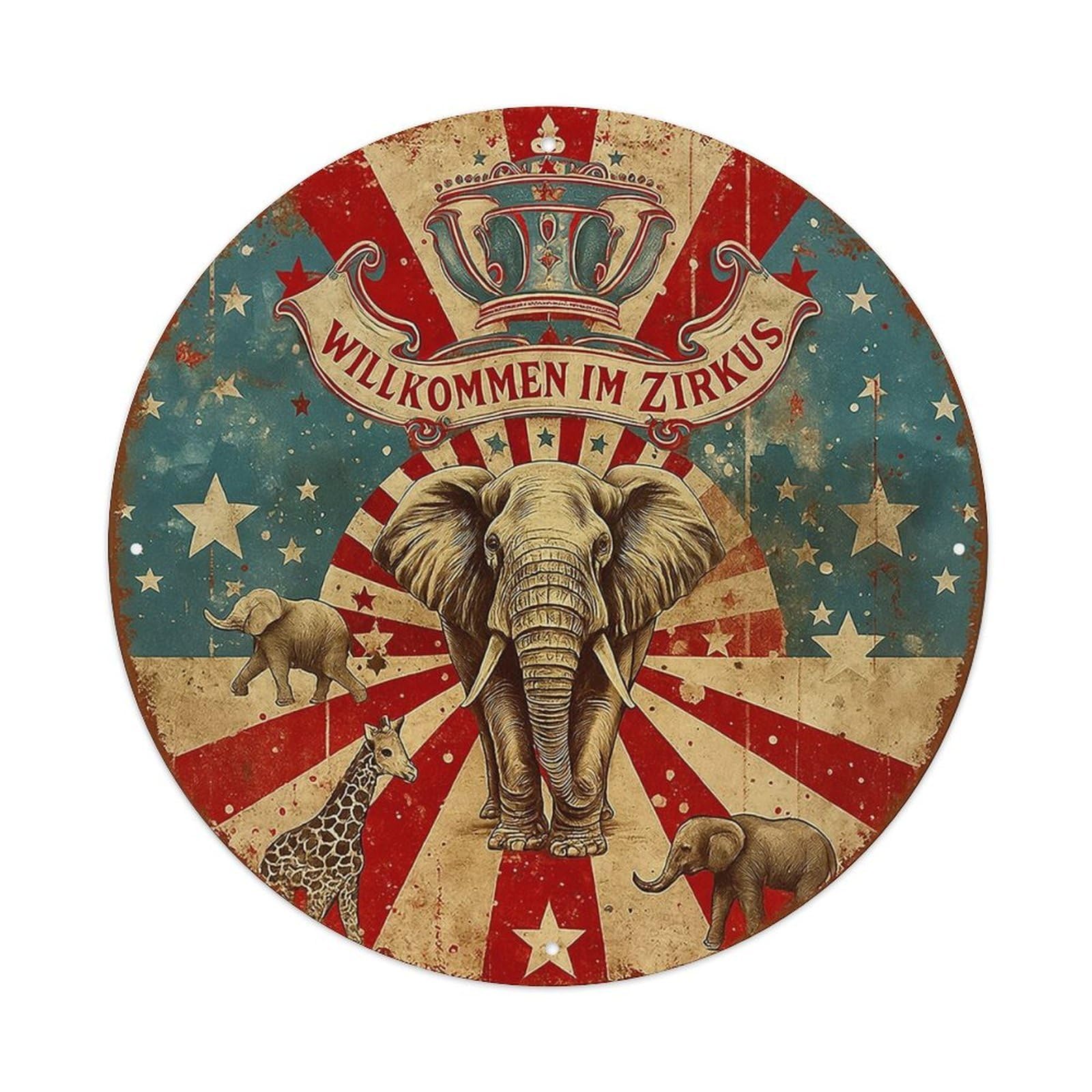 Circus Elephant Stars Stripes Animals Vintage Round Tin Sign Retro Metal Wall Decor Metal Poster, Home Bar Garage Cafe Wall Art Decoration 8x8Inches