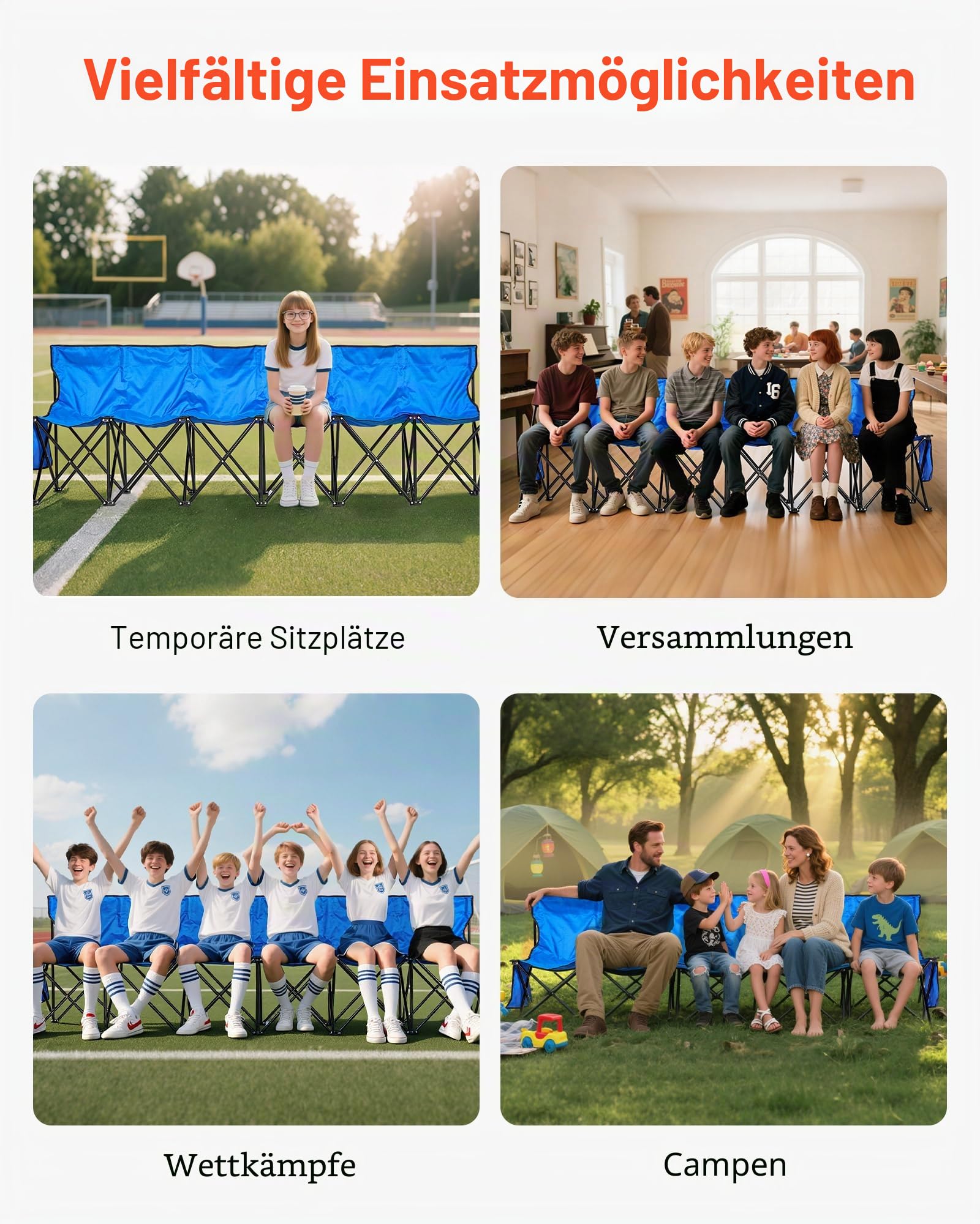 VEVOR tragbare Mannschaftsbank Sitzbank Campingbank (4 Personen) mit Seitentaschen & Tragetasche, Klappbank mit Rückenlehne, Seitenbank Seitensitzbank für Fußball Baseball Outdoor Blau
