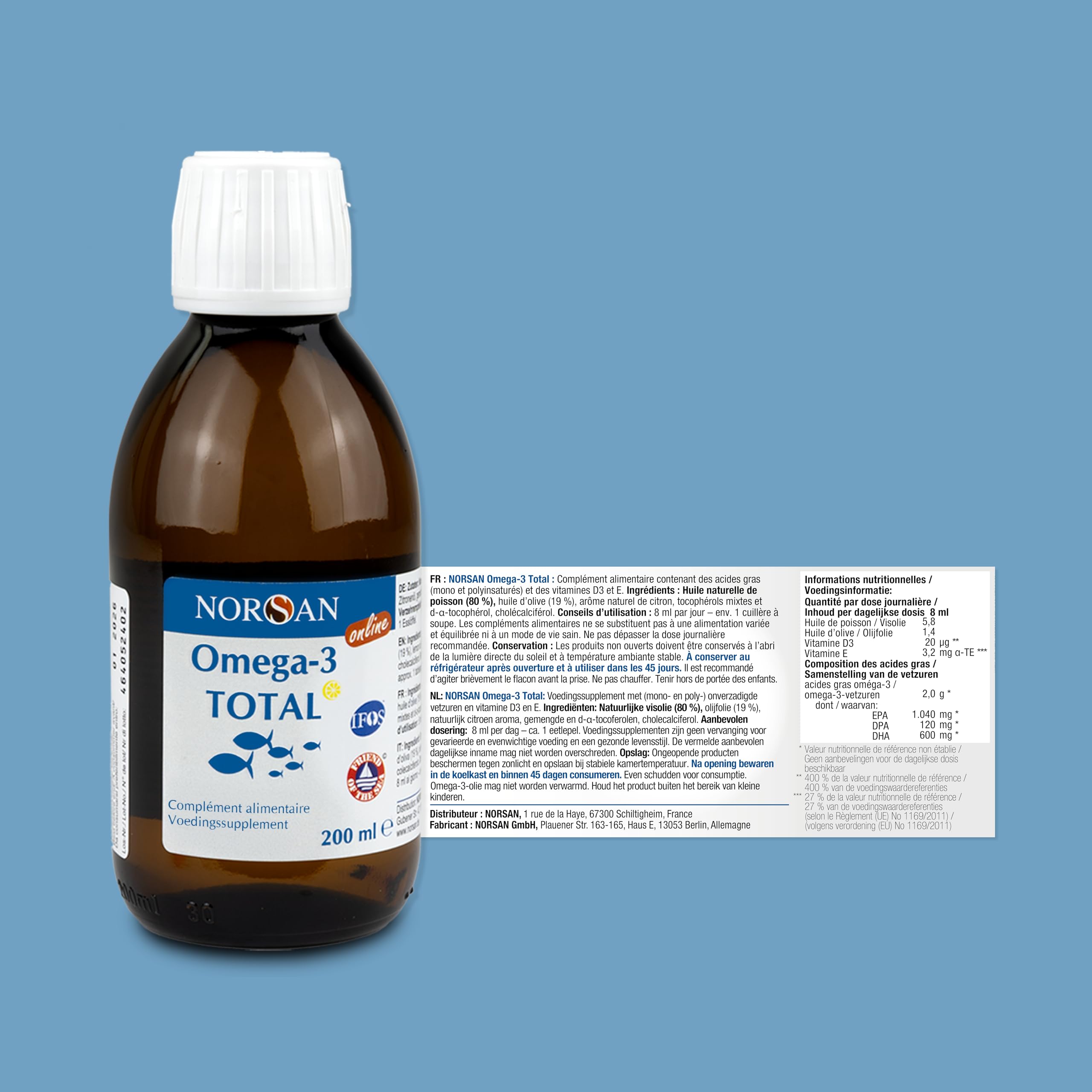 NORSAN Premium huile de poisson omega 3 Total Citron hautement dosé 200 ml / 2.000mg d’ omega 3 dose journalière/fish oil omega 3 1120mg EPA & 536mg DHA/huile poisson avec 800 IU de vitamine D3