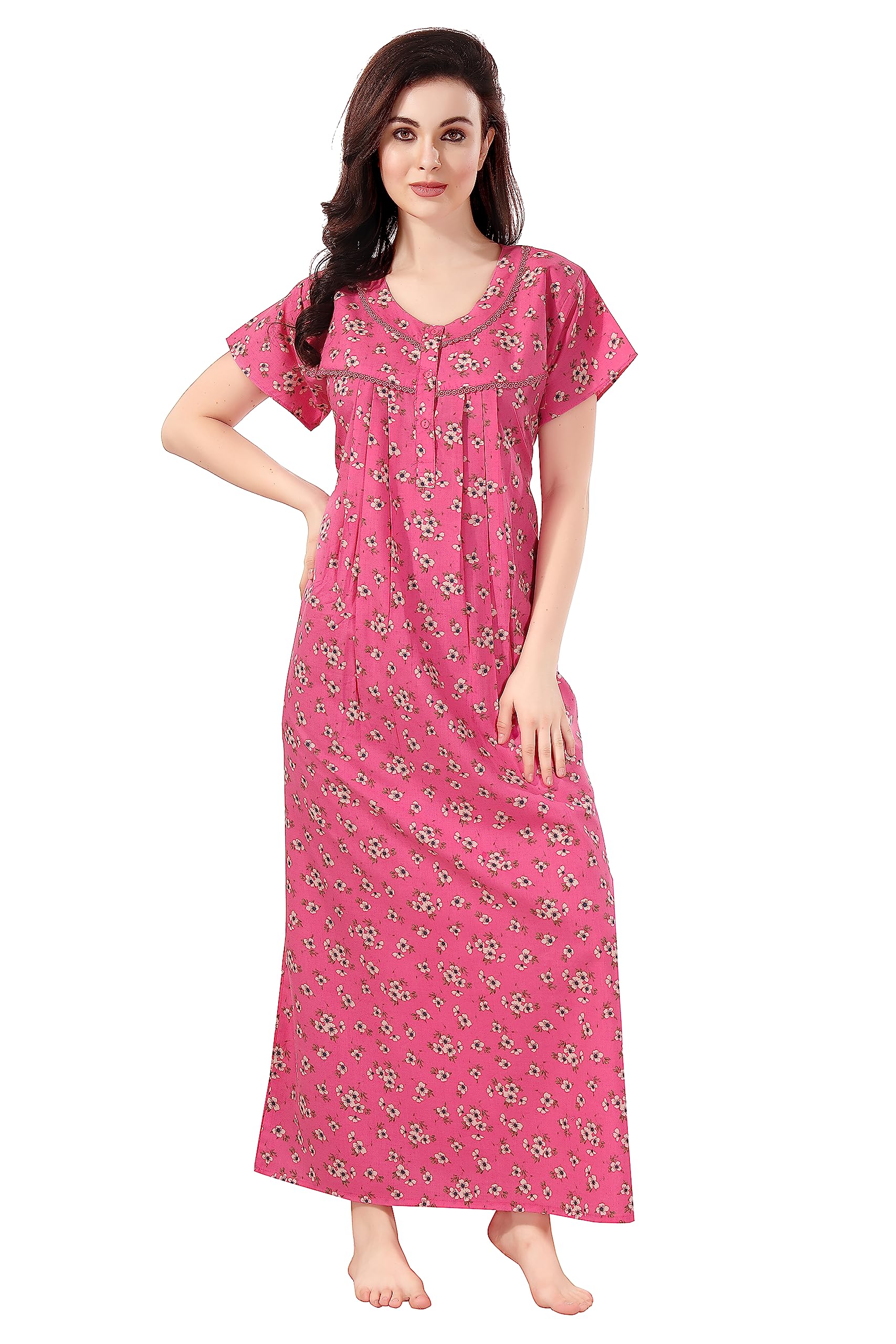 Trimes Soft Cotton Night Gown for Women with Floral Printed Design|Stylish & Comfortable|with Elegant Floral Print |U Neck Shape with Button Closure
