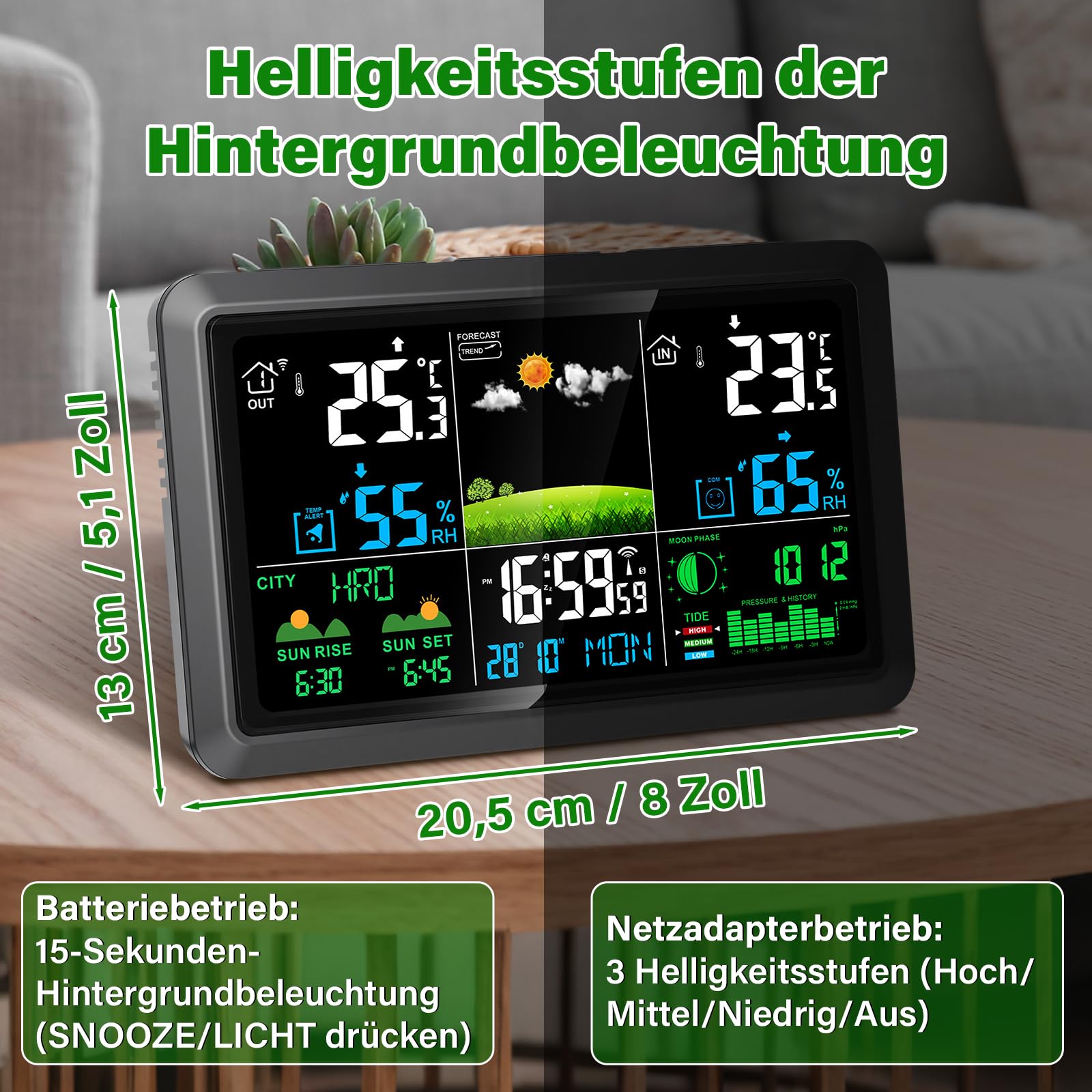 Wetterstation Funk mit Außensensor - Innen und Außentemperatur, Luftfeucht, Luftdruck, Wettervorh, Mondphase, DCF Funkuhr, Batteriebetrieb & Netzbetrieb für Wohnzimmer, Schlafzimmer, Garten
