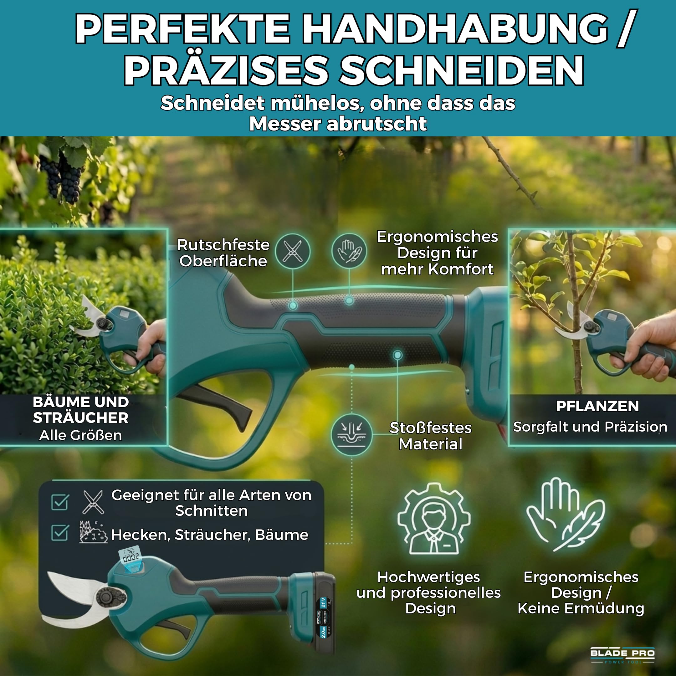 Bladepro Akku-Astschere 40 mm, elektrische Gartenschere kabellos – 800 W bürstenloser Motor, SK5-Stahlklinge – 2x 2,0 Ah Akkus, LED-Display, inkl. Koffer