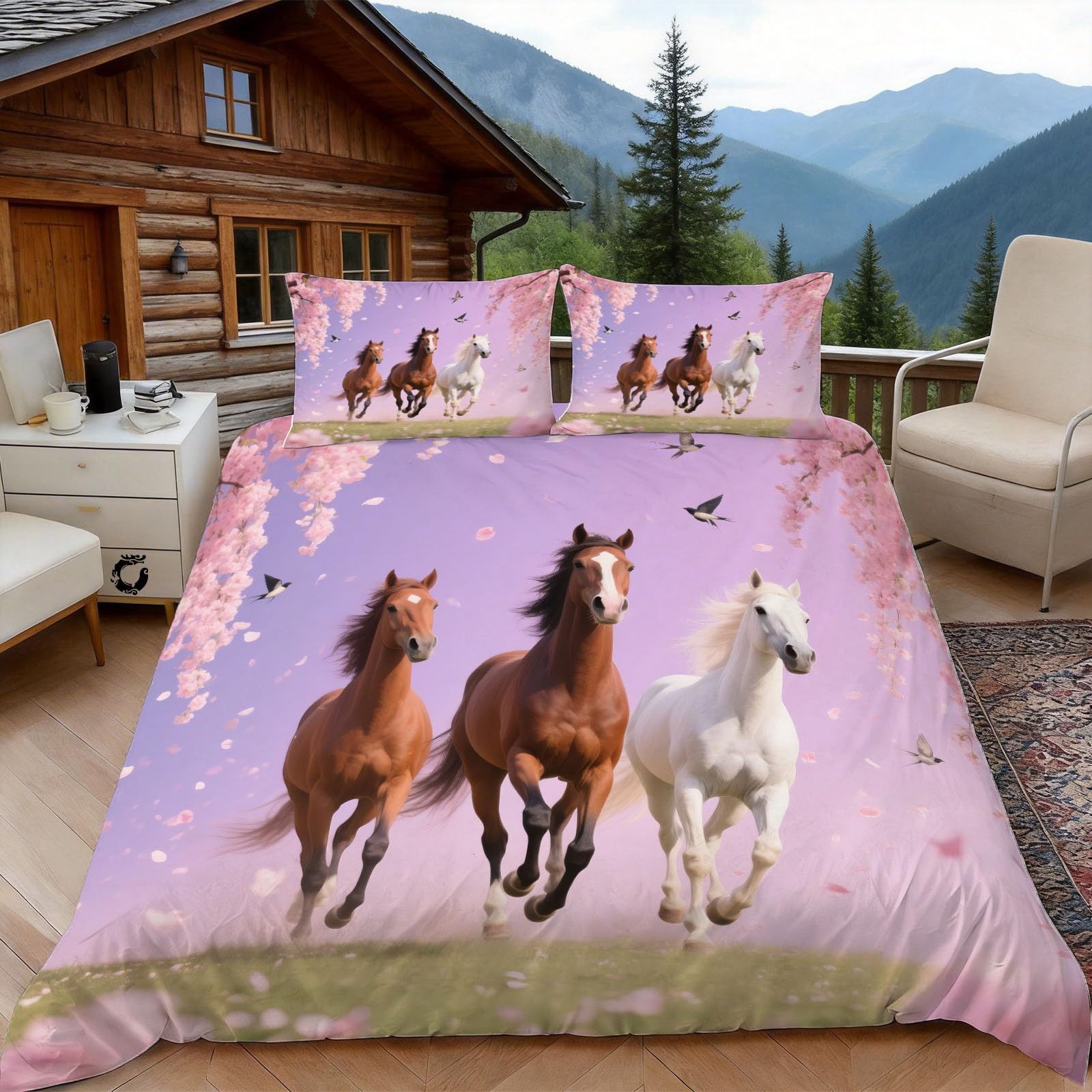3D Single Duvet Cover Set 3D Printed Horses Steed Pattern Bedding, Blossoms Soft Microfibre Duvet Cover Sets Quilt Cover and Pillow Set with Zipper 3 Pcs