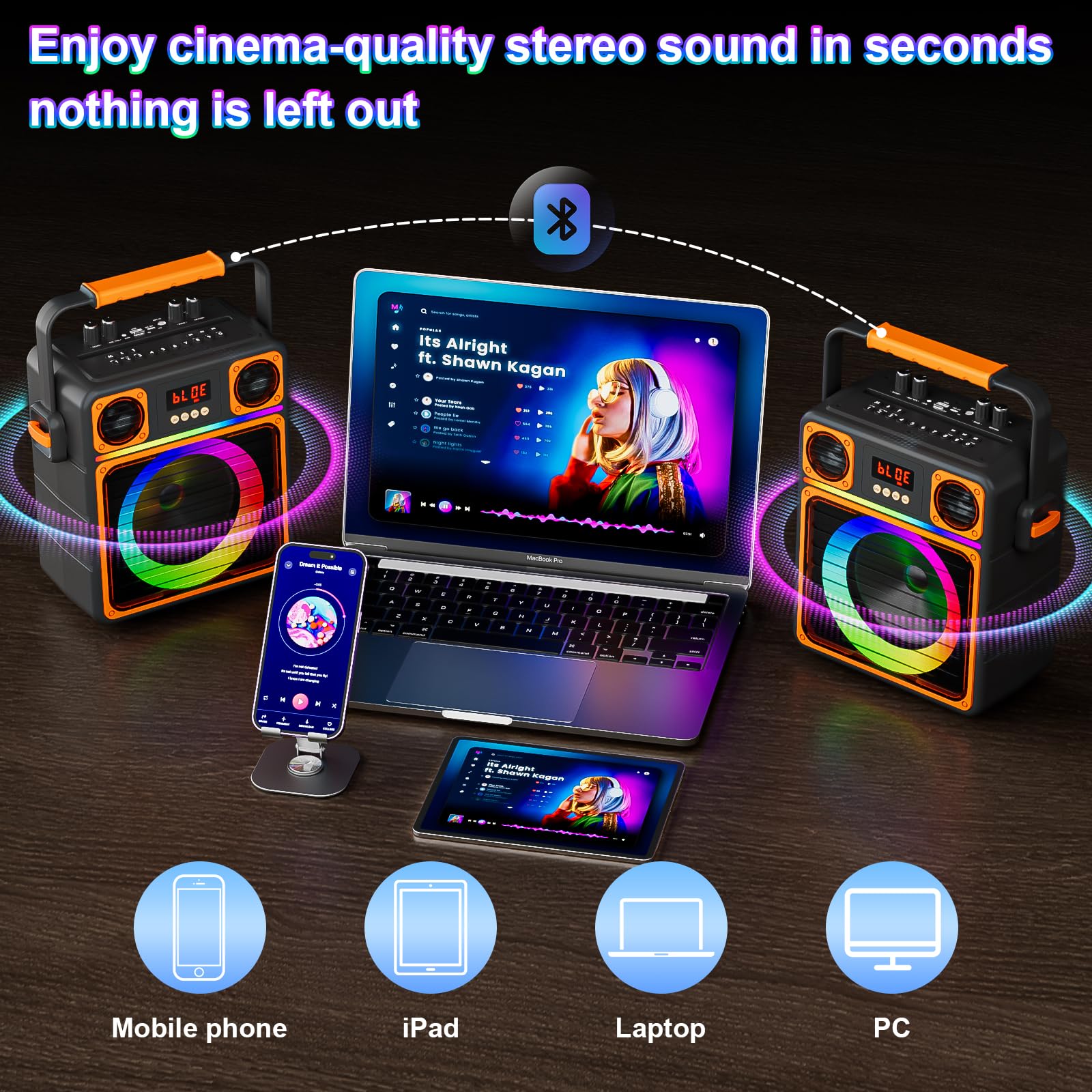 GuKKK przenośny głośnik Bluetooth do karaoke, z regulacją basów/wysokości i diodami LED, na imprezę, czarny