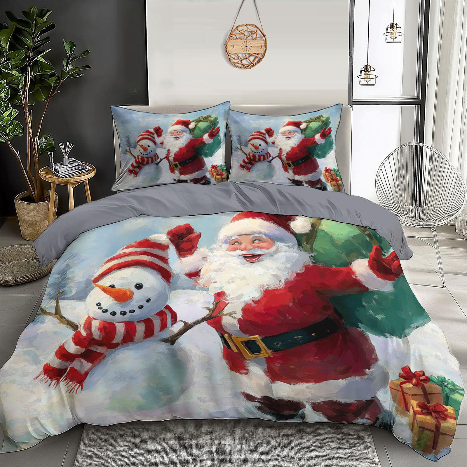 Housse de couette Noël 200x200 parure lit enfant 3 pièces avec taies