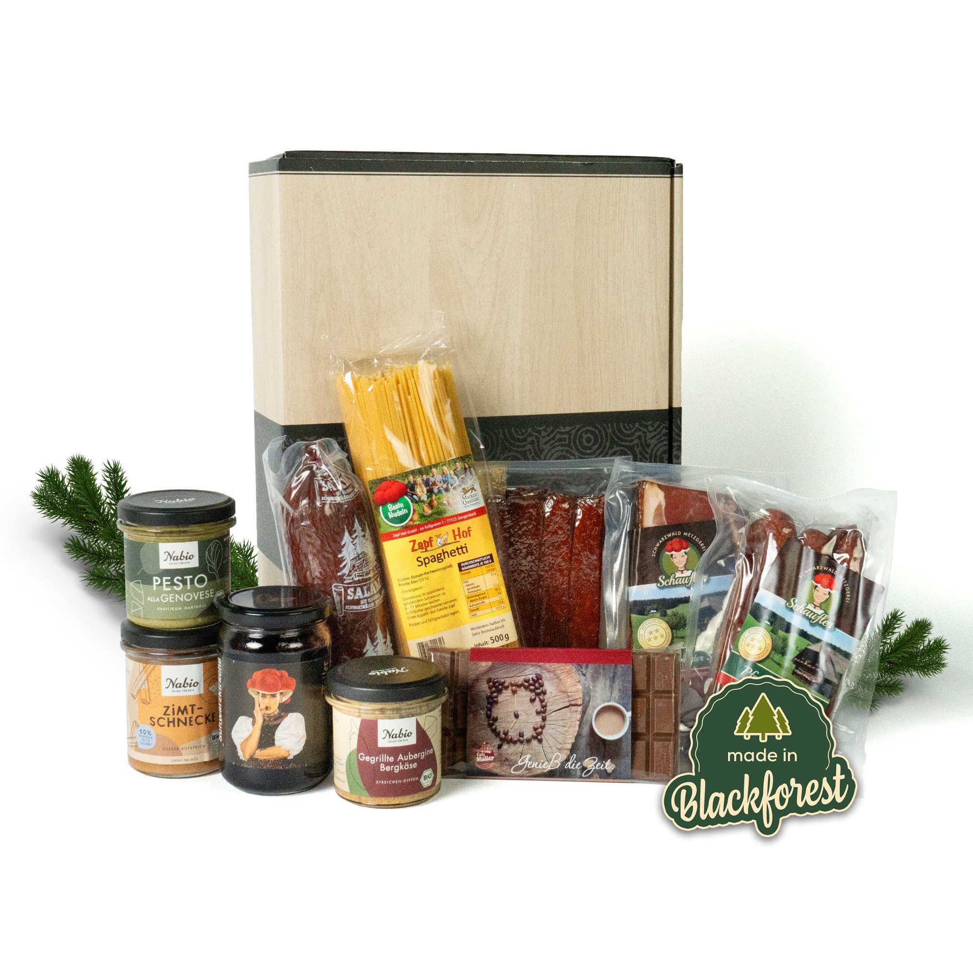 Schwarzwald Metzgerei - Jubiläum Geschenk Set – Exklusiver Schwarzwald Präsentkorb mit Schinken, Salami, Landjäger, Pfefferbeißer, Pasta & Pesto – Wertschätzung für Mitarbeiter, Firmenkunden