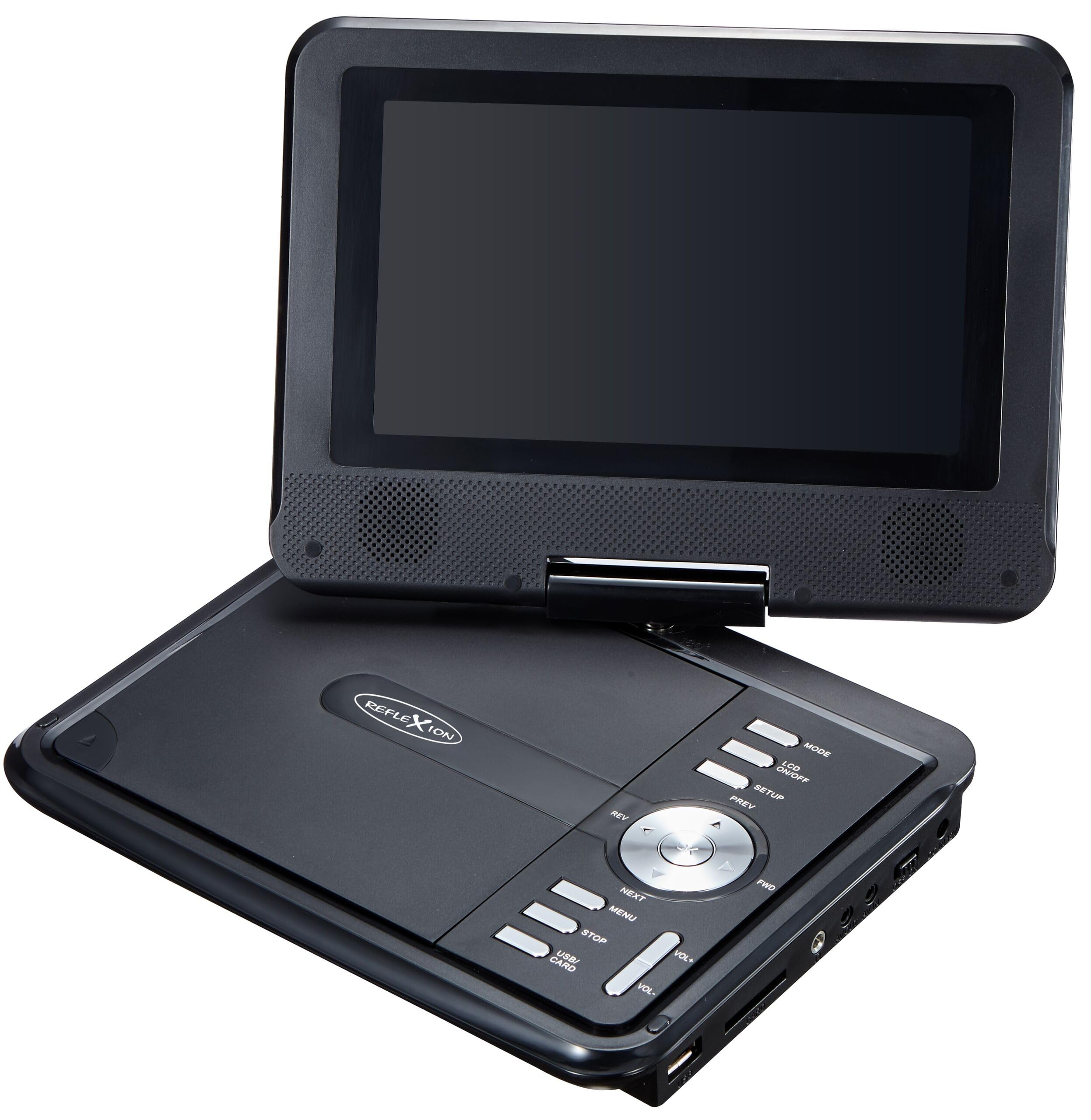 Reflexion Monitor LCD con reproductor de DVD, estéreo, batería, USB de 7 pulgadas, ranura SD, adaptador de coche de 12 V, rotación de 180 grados/plegado, sistema electrónico antigolpes