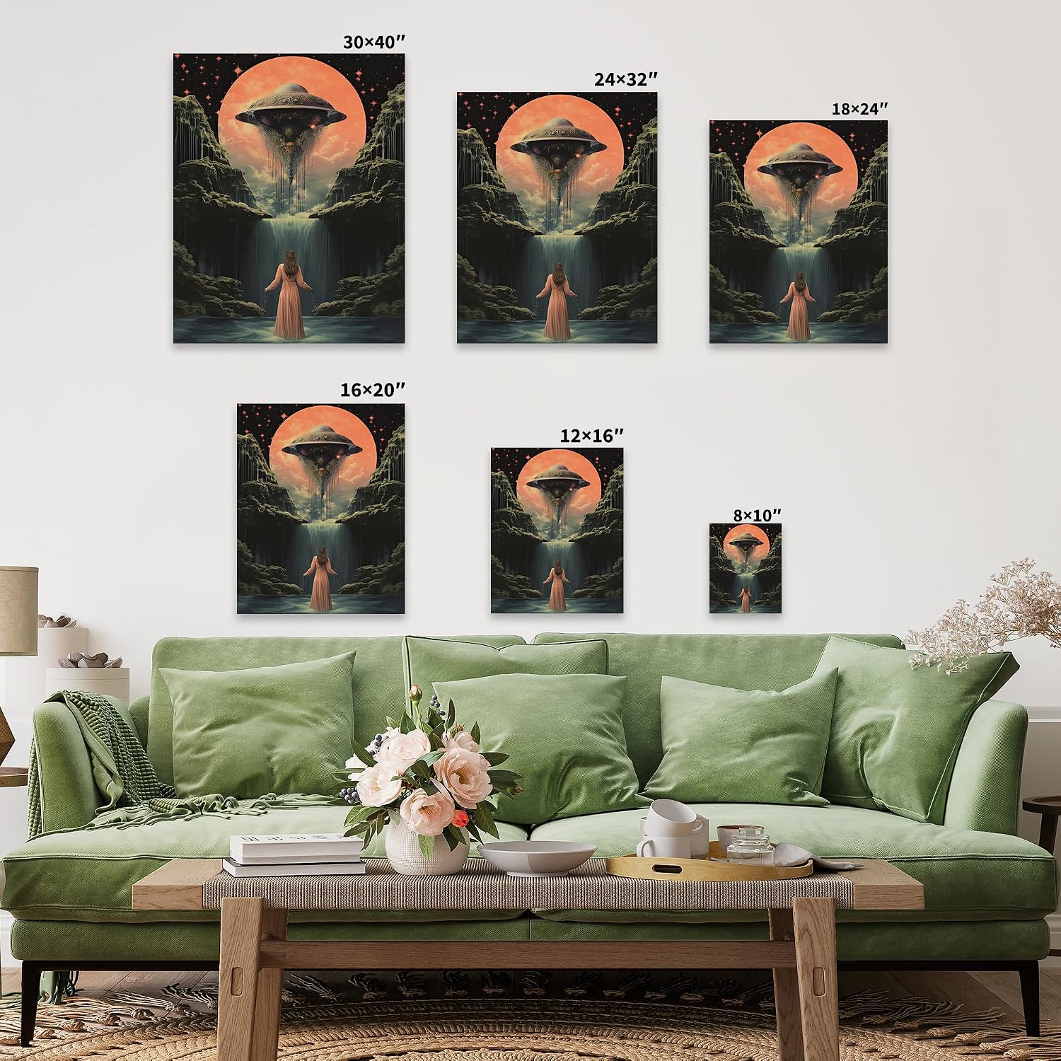 Poster Master Waterfall Canvas - UFO Print - Trippy Moon Art - Surreal Extraterrestrial Design - Gift for Men & Women - Aesthetic Wall Decor for Bedroom, Office or Dorm - 8x10 STRETCHED Canvas