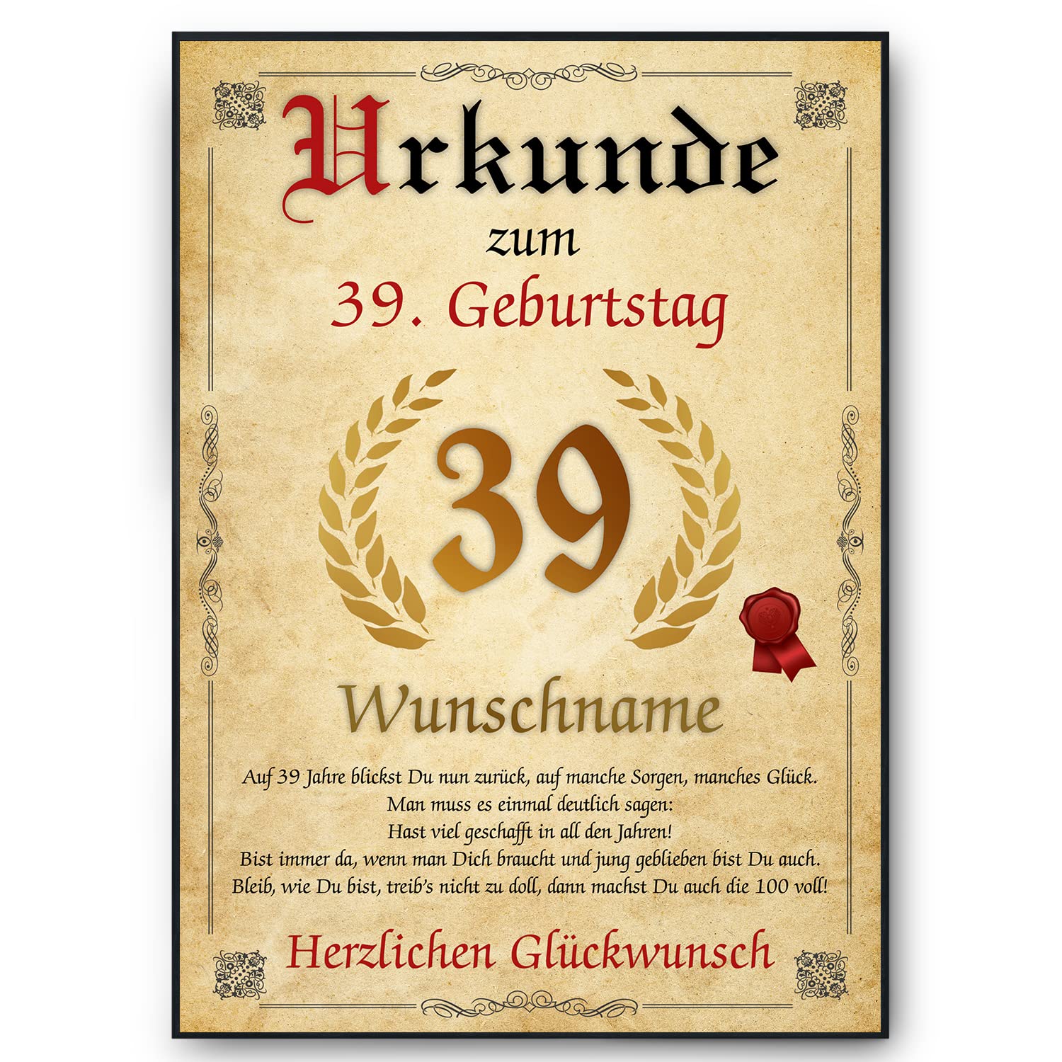 Geschenk Zum 39 Geburtstag Frau Tigerlino® Personalisierte Urkunde zum 39. Geburtstag