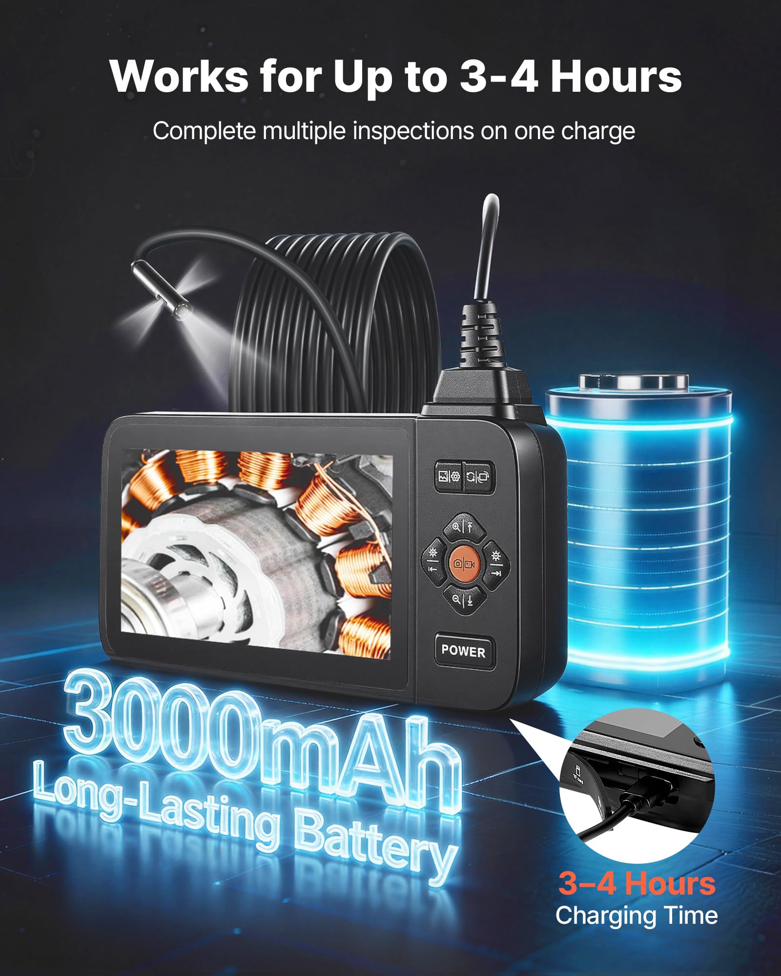 VEVOR Triple Lens Endoskopkamera mit 4,5 Zoll Bildschirm, 3000mAh Akku Inspektionskamera mit 5m Kabel 8X Zoom 180° Bildrotation IP67 Wasserdicht, 8mm Industrie Endoskop mit LED für Auto Rohre Abfluss