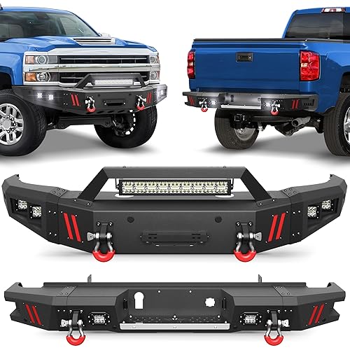 Front Bumper + Rear Bumper Combo w/Winch Plate and LED Lights, Compatible with 2015-2019 Chevrolet Silverado 2500/3500 HD, Textured Black Stainless Steel Pickup Bumper