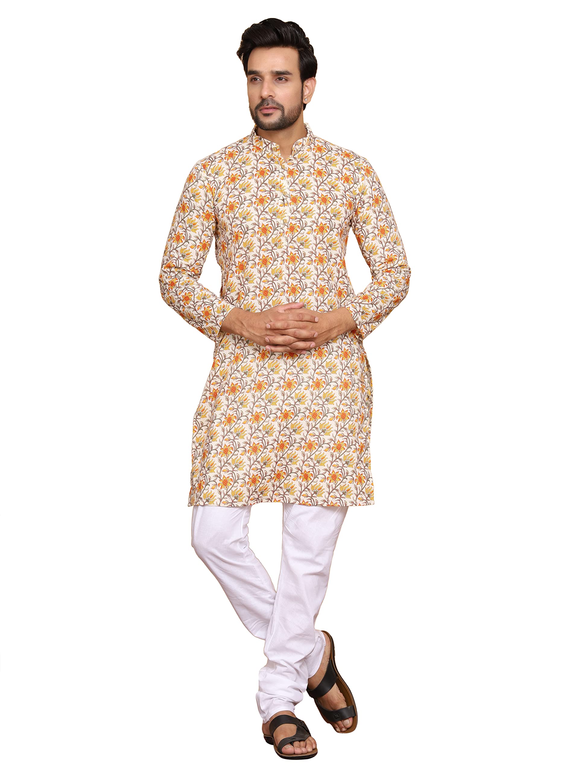 SkyKross Men's Pure Cotton Printed Mandarian Collar Straight Kurta(Sunflower Print, Yellow)