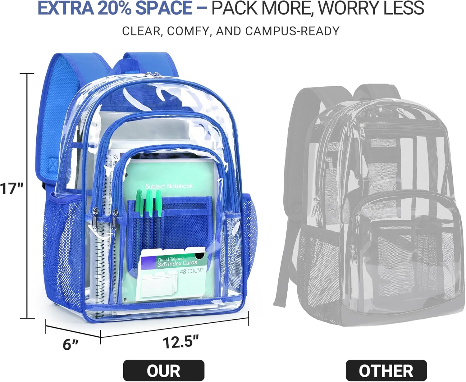 ZORFIN Clear Backpack for School: Large Clear Bookbag - Heavy Duty PVC Transparent Backpack for College Workplace Security Blue