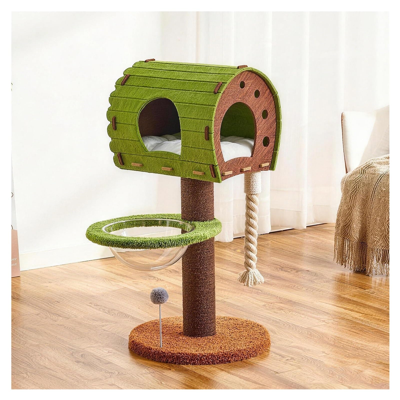 Tiragraffi con Base Rinforzata Cuccia A Forma di Capsula Spaziale Piattaforma di Osservazione Chiusa con Tetto in Feltro Tiragraffi per Gatti Pannello in MDF Palla Giocattolo Rinforzato H102/132 Cm