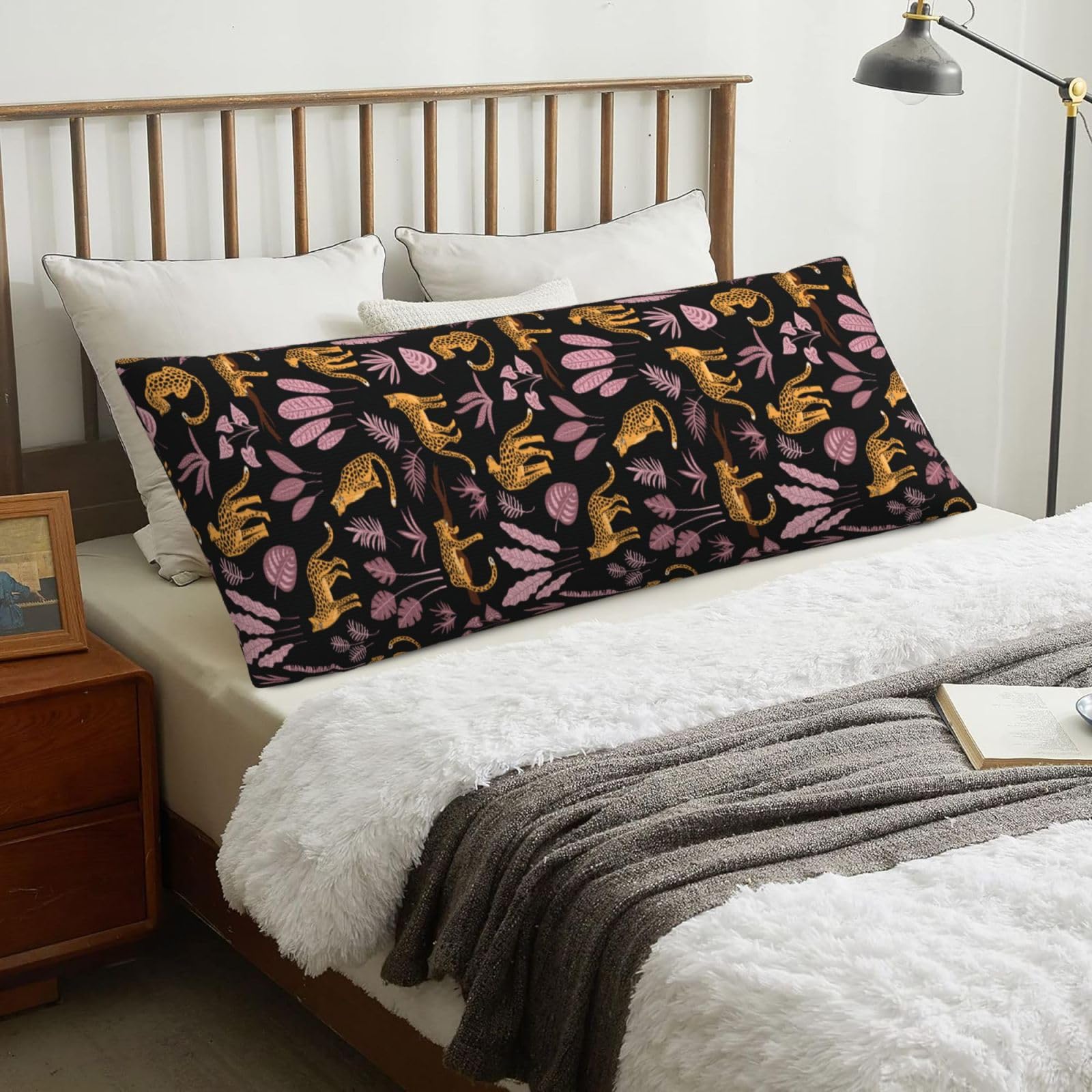 Leopard Tropical Pattern, Body Pillow Cover with Zipper,Long Body Pillowcase 20 x 60 in