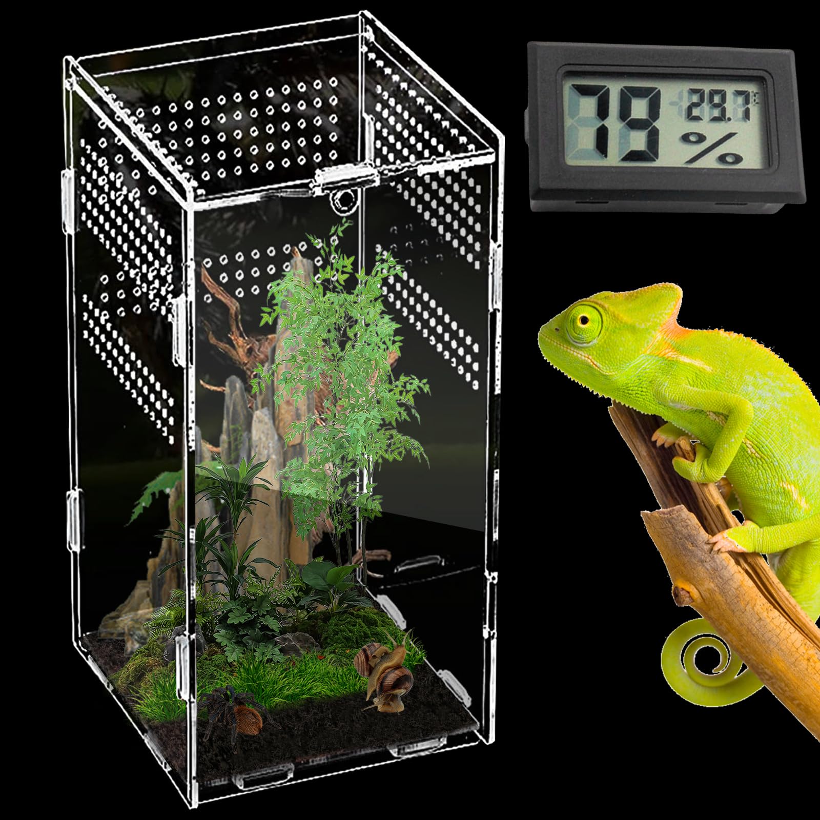 Caja De Alimentación De Insectos,Caja De Cría De Reptiles con Higrómetro De Temperatura,Terrarios para Reptiles,Recipientes De Acrílico para Terrario para Reptiles(12 * 12 * 20)