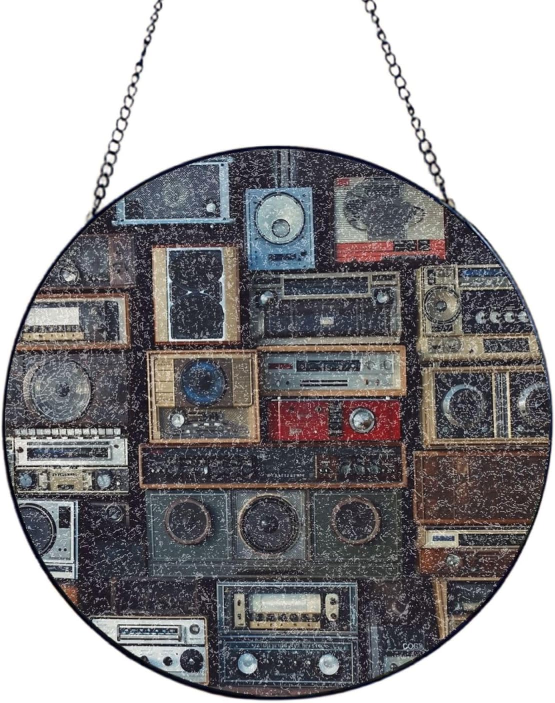 Stained Glass Window Hanging 6in（15cm）, Vintage Wall of Radio Boombox Glass Suncatcher for Home Decor, Indoor Wall Art Glass Panel with Metal Chain and Hooks, Sun Catcher Ornament Birthday Gifts