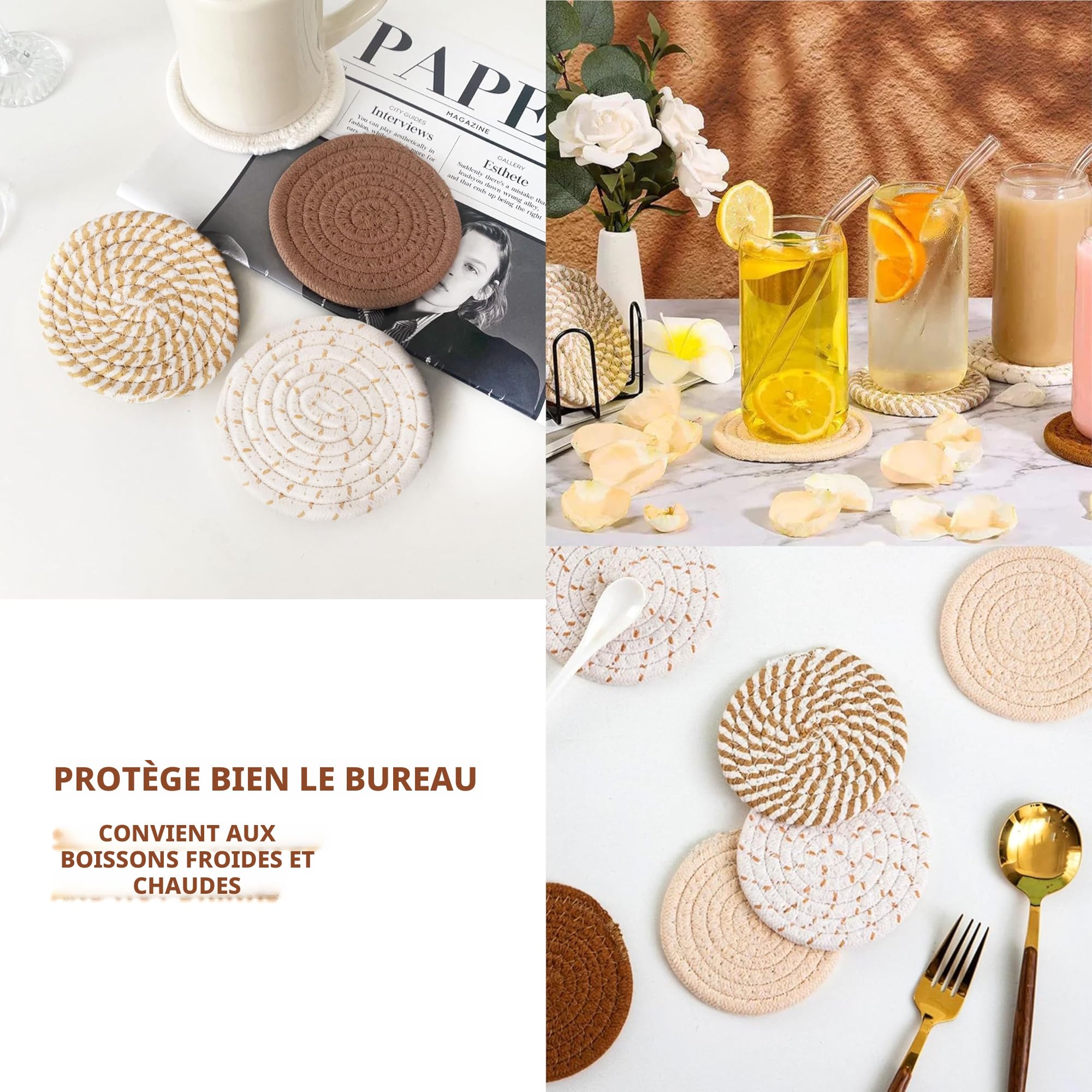 Lot de 8 Dessous de Verre Ronds avec Support - Antidérapants en Coton Tressé pour Verres (Jaune)