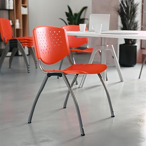 Miniatura 2 de Flash Furniture HERCULES Series - Silla apilable de plástico naranja de 880 libras con marco recubierto de polvo gris titanio