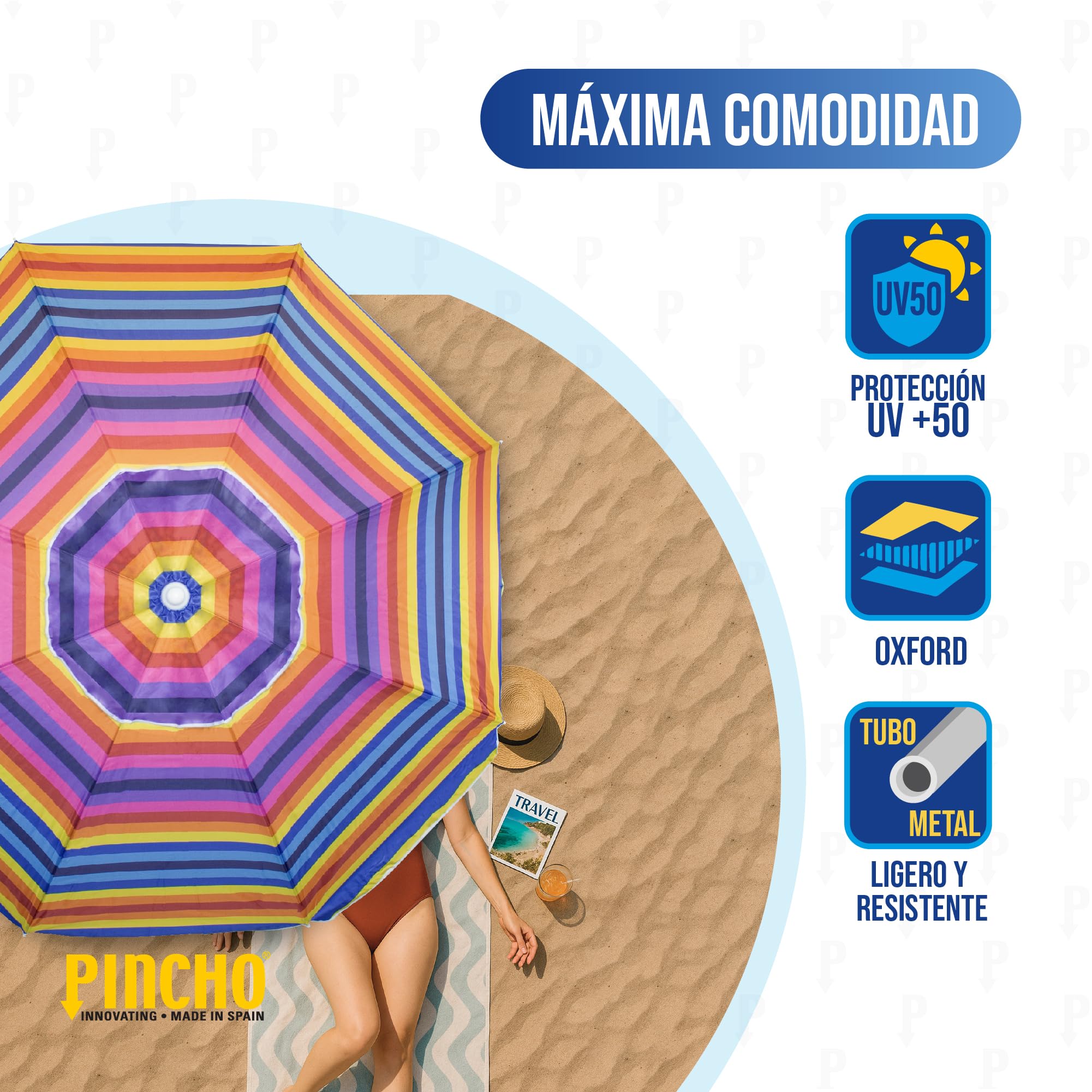 Pincho Parasol de plage à rayures multicolores 200 cm Support inclus, protection UV50+, inclinable et hauteur réglable, 8 baleines en fibre de verre, tube métallique résistant au vent